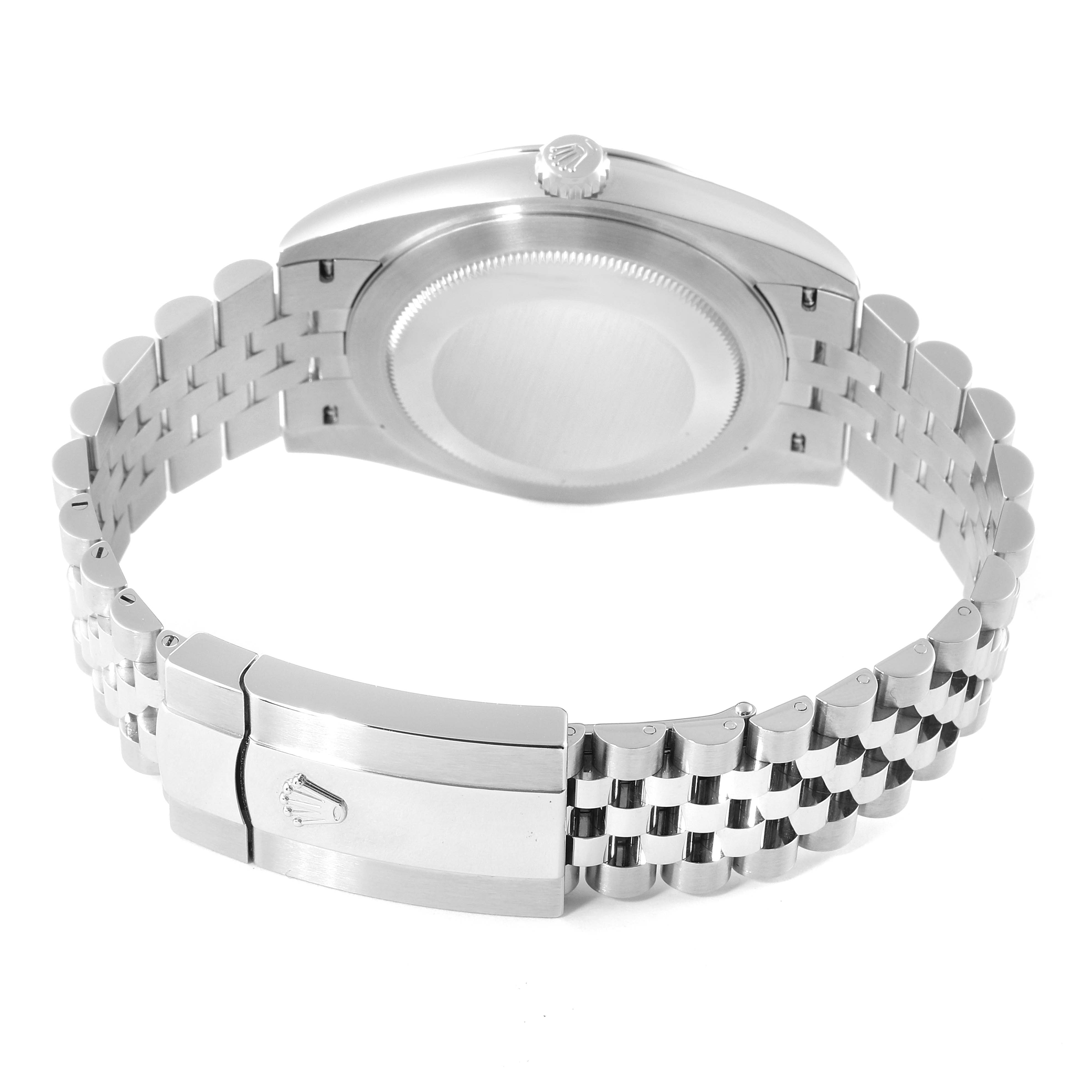 The image shows the caseback, crown, and bracelet clasp of a Rolex Datejust 41 126300 Men's Stainless Steel White Dial 126300 Men's Stainless Steel White Dial watch from an angled rear view.