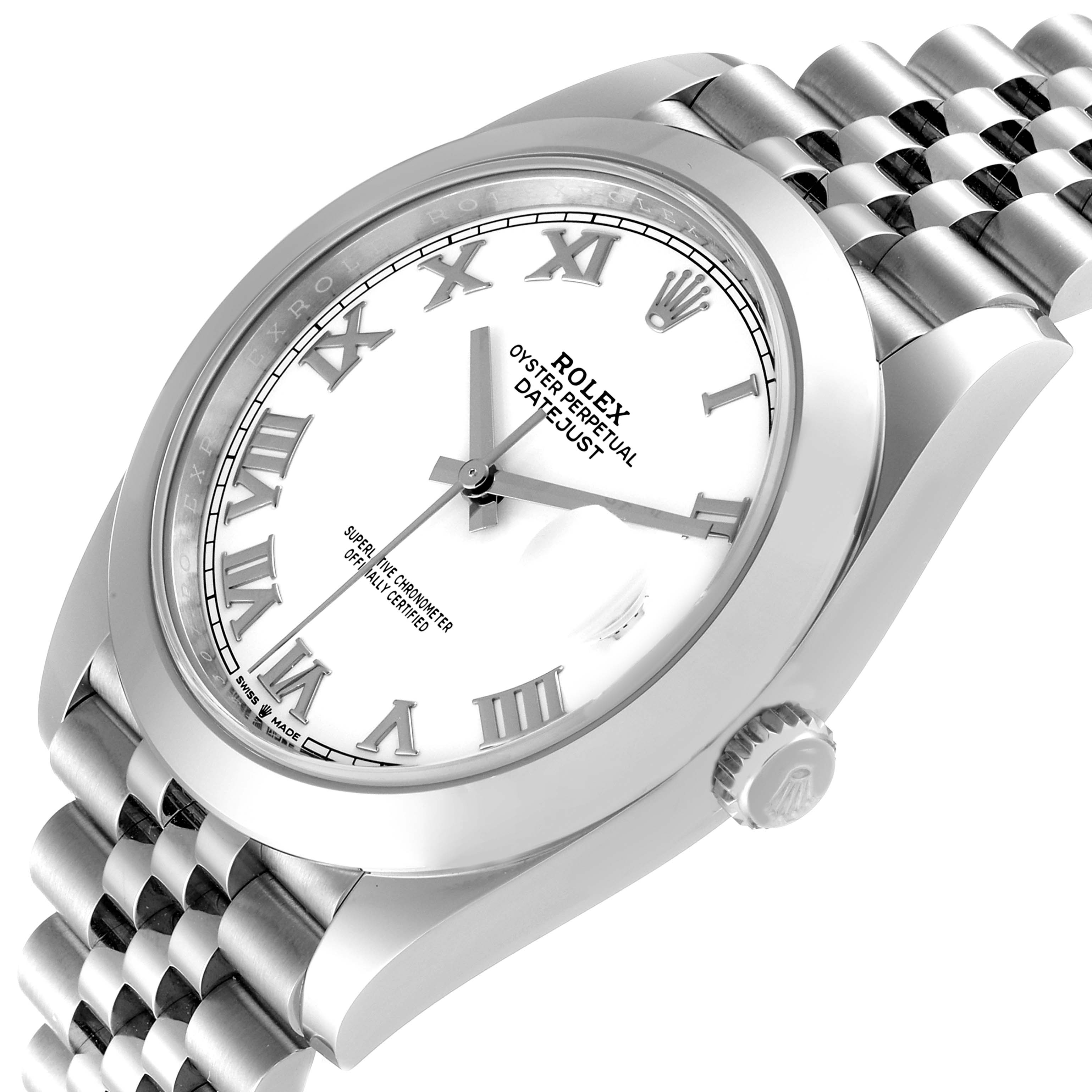 The image shows a Rolex Datejust 41 126300 Men's Stainless Steel White Dial 126300 Men's Stainless Steel White Dial watch at an angled side view, highlighting its face, Roman numeral markers, crown, and bracelet.