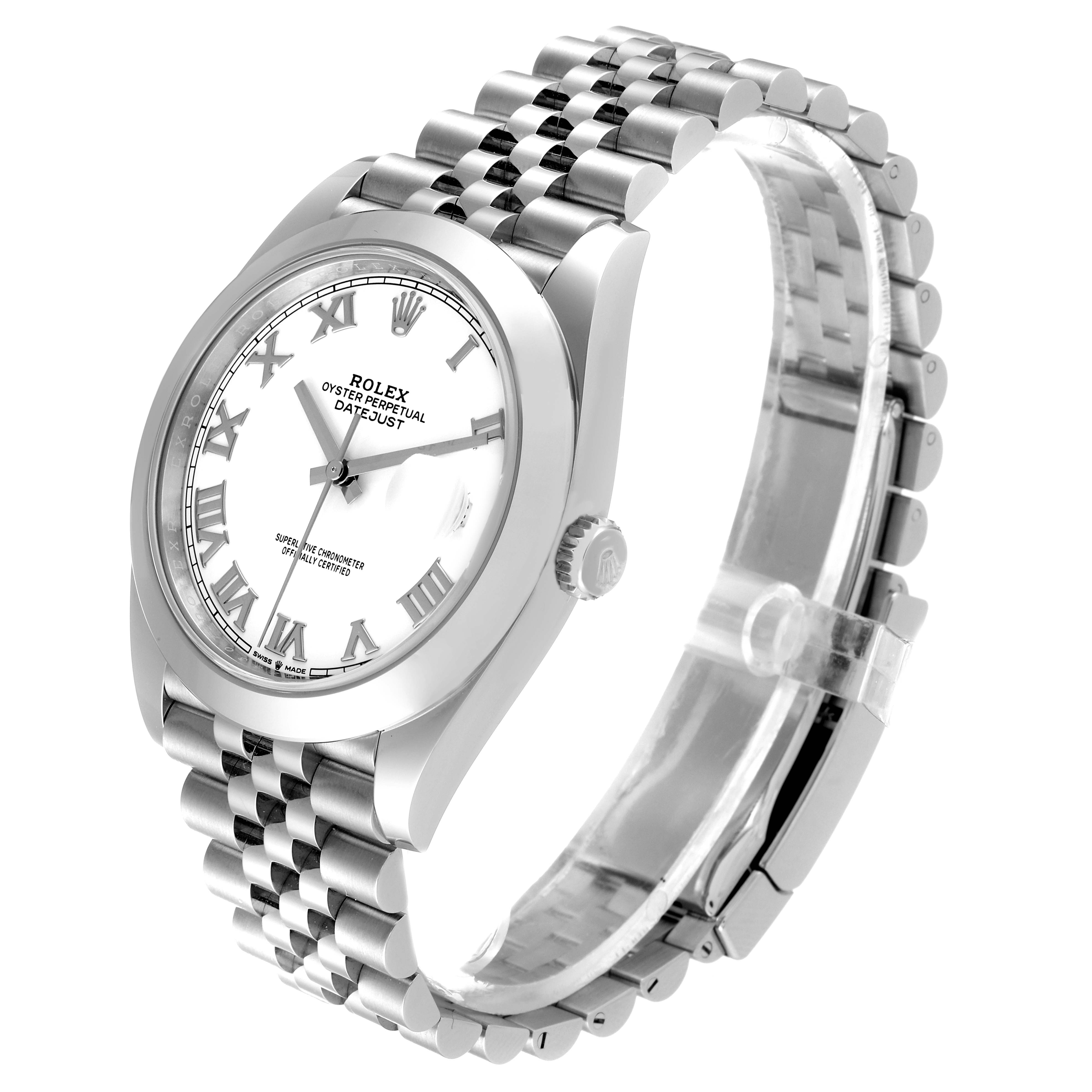 This image shows a side-angle of the Rolex Datejust 41 126300 Men's Stainless Steel White Dial 126300 Men's Stainless Steel White Dial, highlighting the dial, bezel, crown, and bracelet.