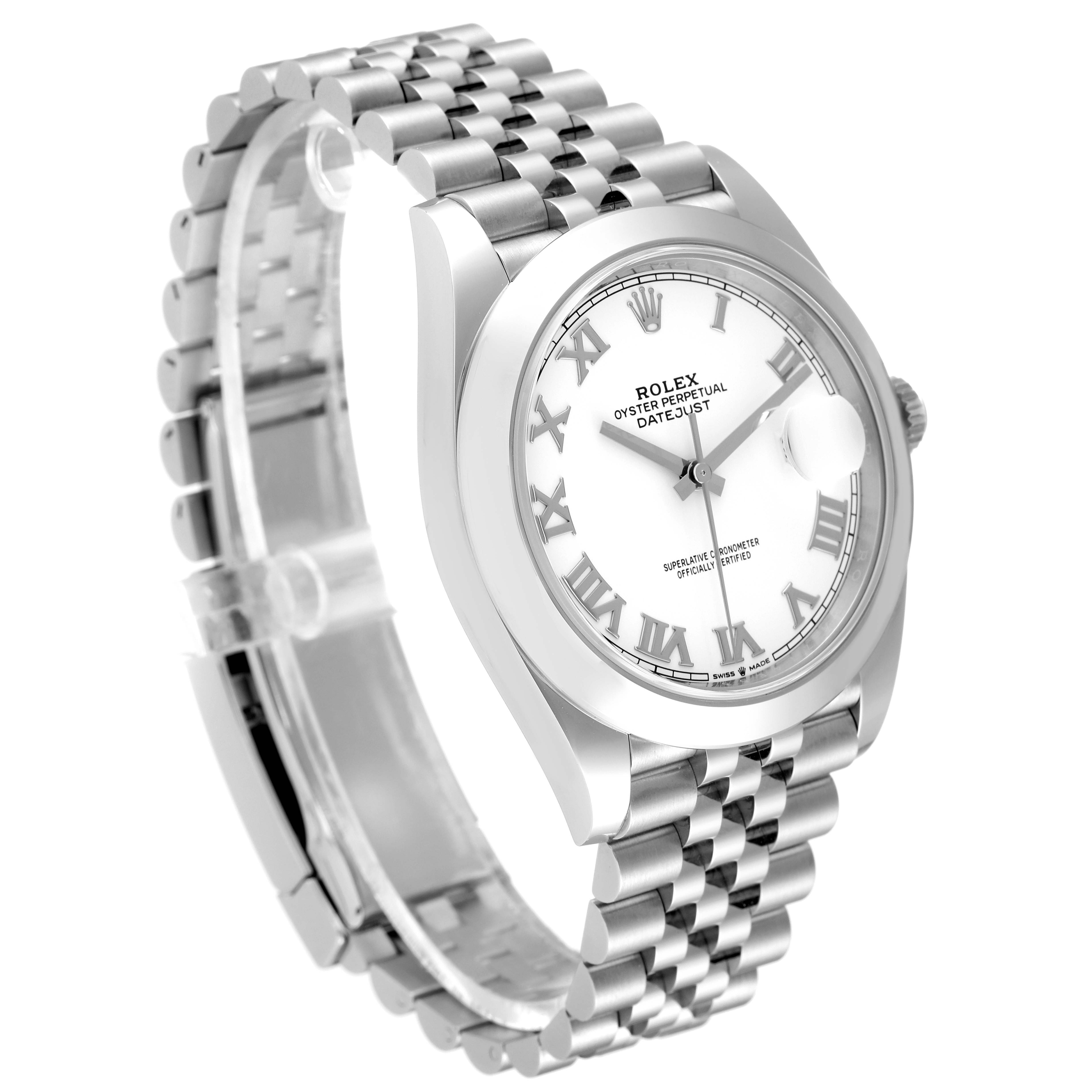 The image shows a Rolex Datejust 41 126300 Men's Stainless Steel White Dial 126300 Men's Stainless Steel White Dial model from an angled side view, highlighting its white dial, Roman numeral markers, and Jubilee bracelet.