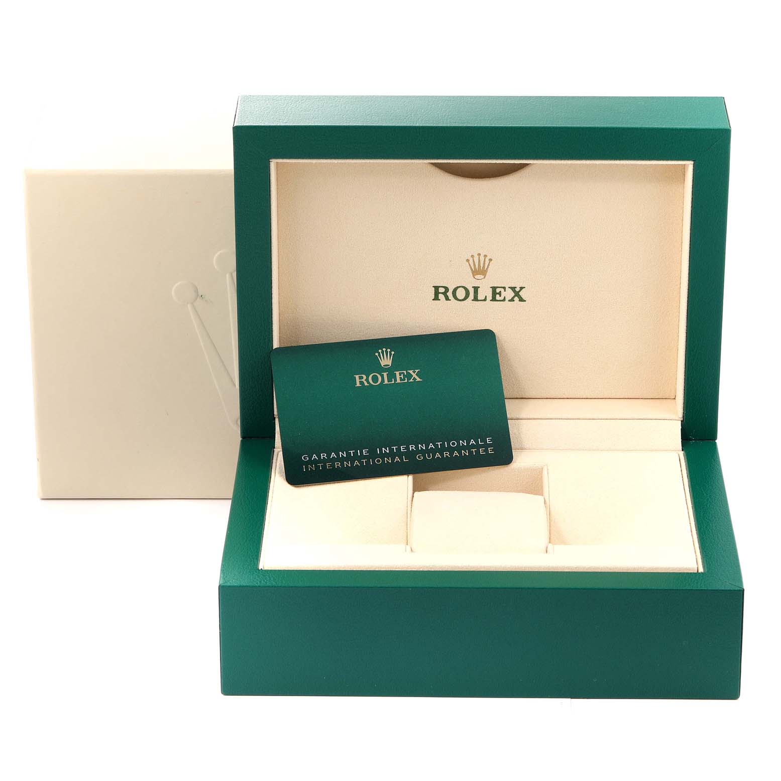 The image shows an open green and beige Rolex box for the Datejust 41 model with an international guarantee card inside.