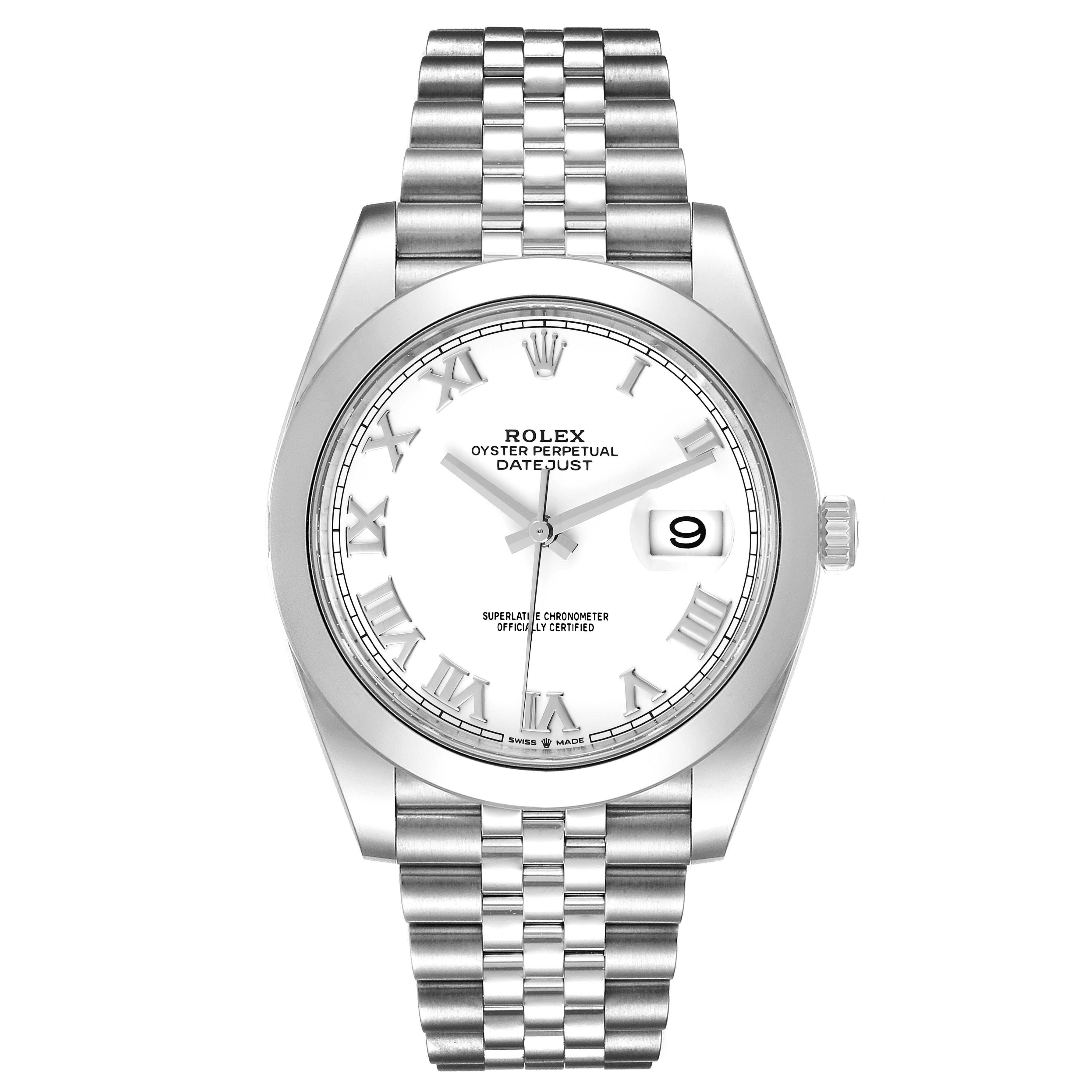 This image shows a front view of a Rolex Datejust 41 126300 Men's Stainless Steel White Dial 126300 Men's Stainless Steel White Dial watch, highlighting its white dial, Roman numerals, and Jubilee bracelet.