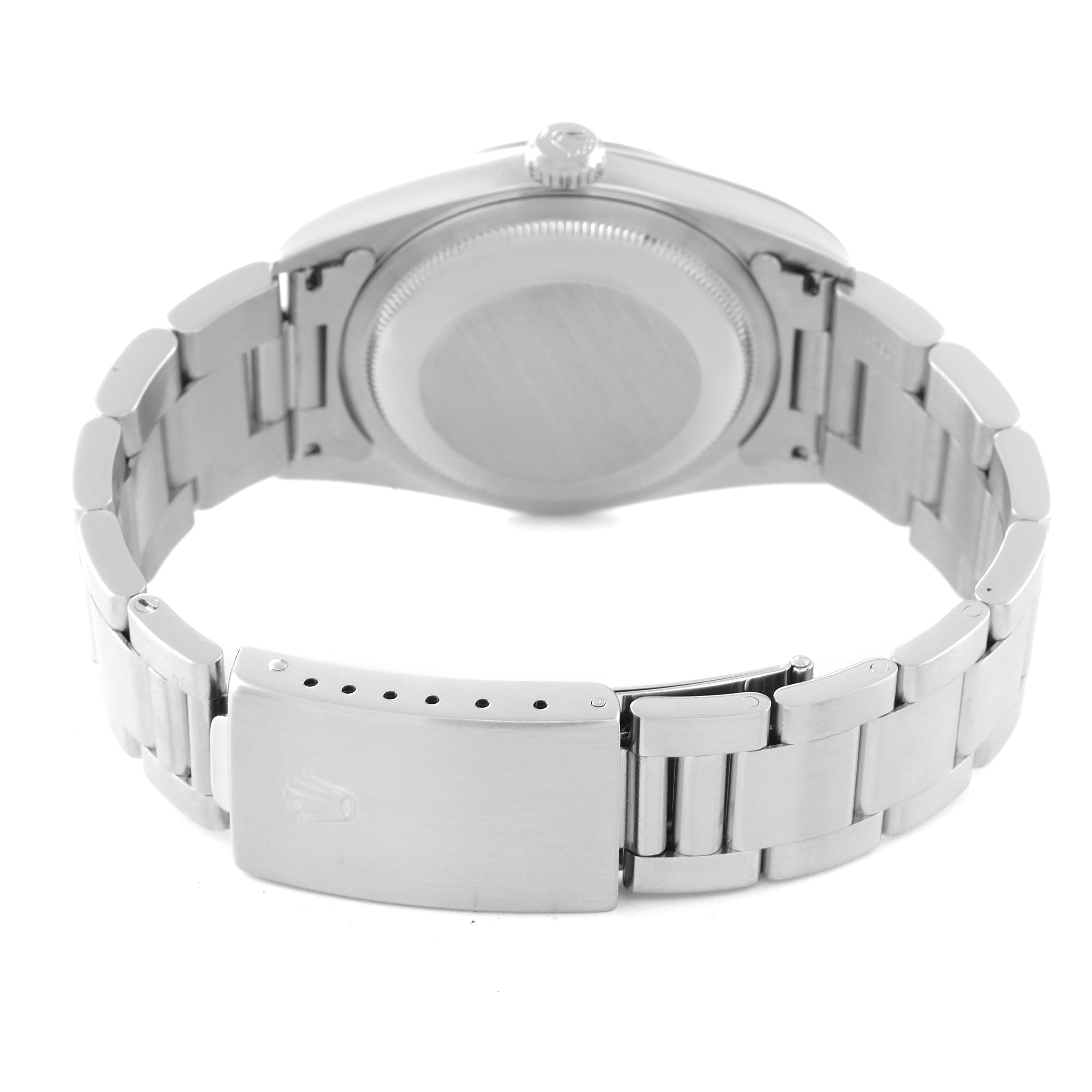 The image shows the back view of a Rolex Datejust 16200 Men's Stainless Steel Black Dial 16200 Men's Stainless Steel Black Dial watch, highlighting its case back and bracelet clasp.