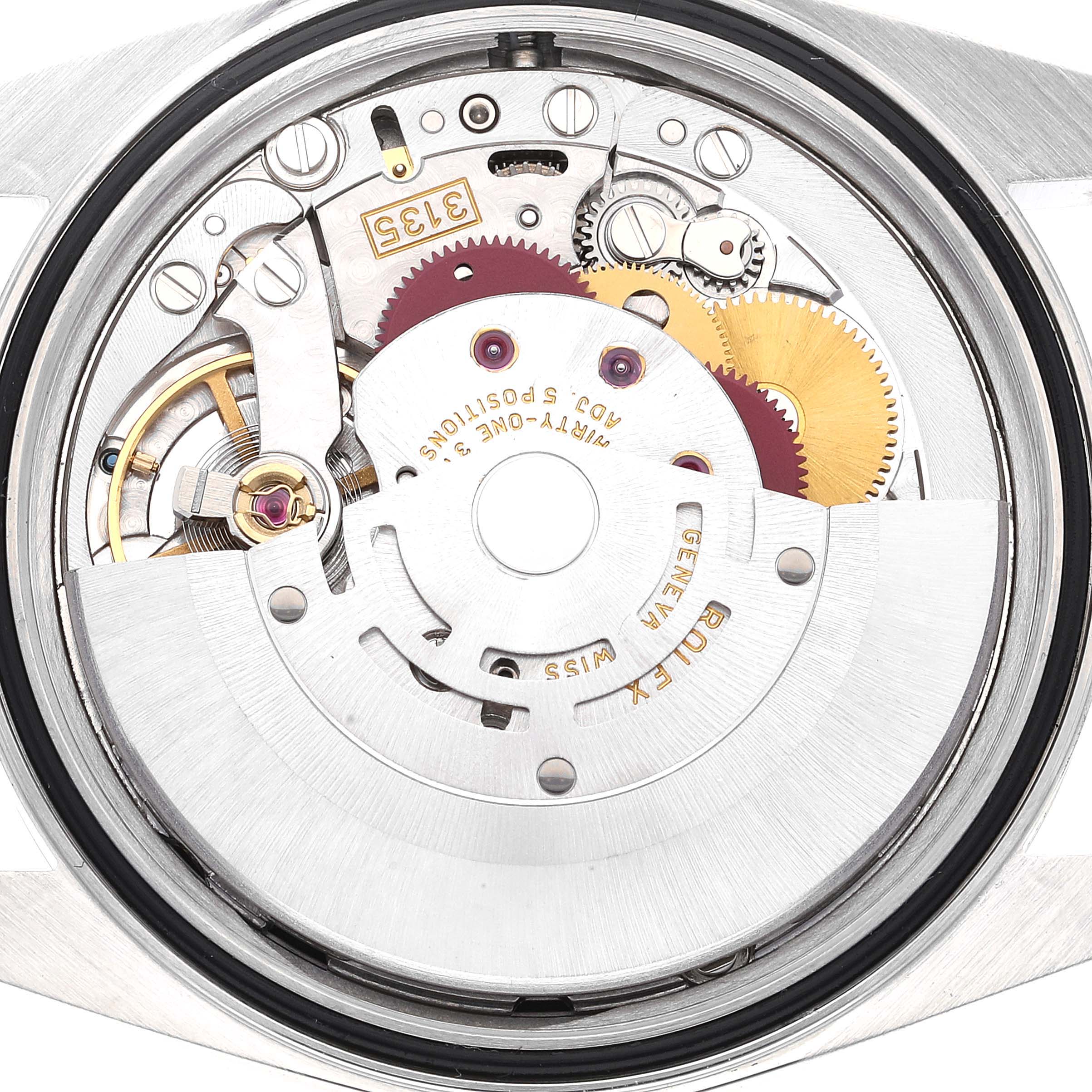 This image shows the internal mechanism of a Rolex Datejust 16200 Men's Stainless Steel Black Dial 16200 Men's Stainless Steel Black Dial watch, specifically the movement from a top-down angle.