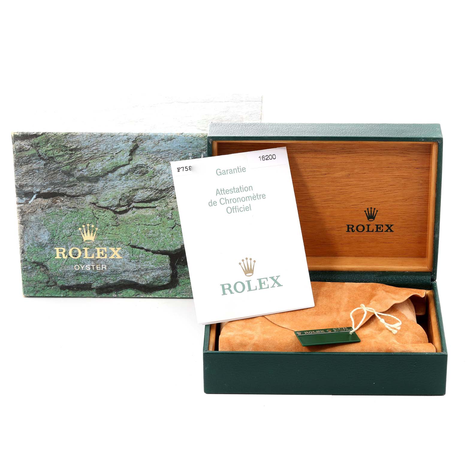 The image shows the packaging and documentation for the Rolex Datejust 16200 Men's Stainless Steel Black Dial 16200 Men's Stainless Steel Black Dial, including a box, a certificate, and a suede pouch.