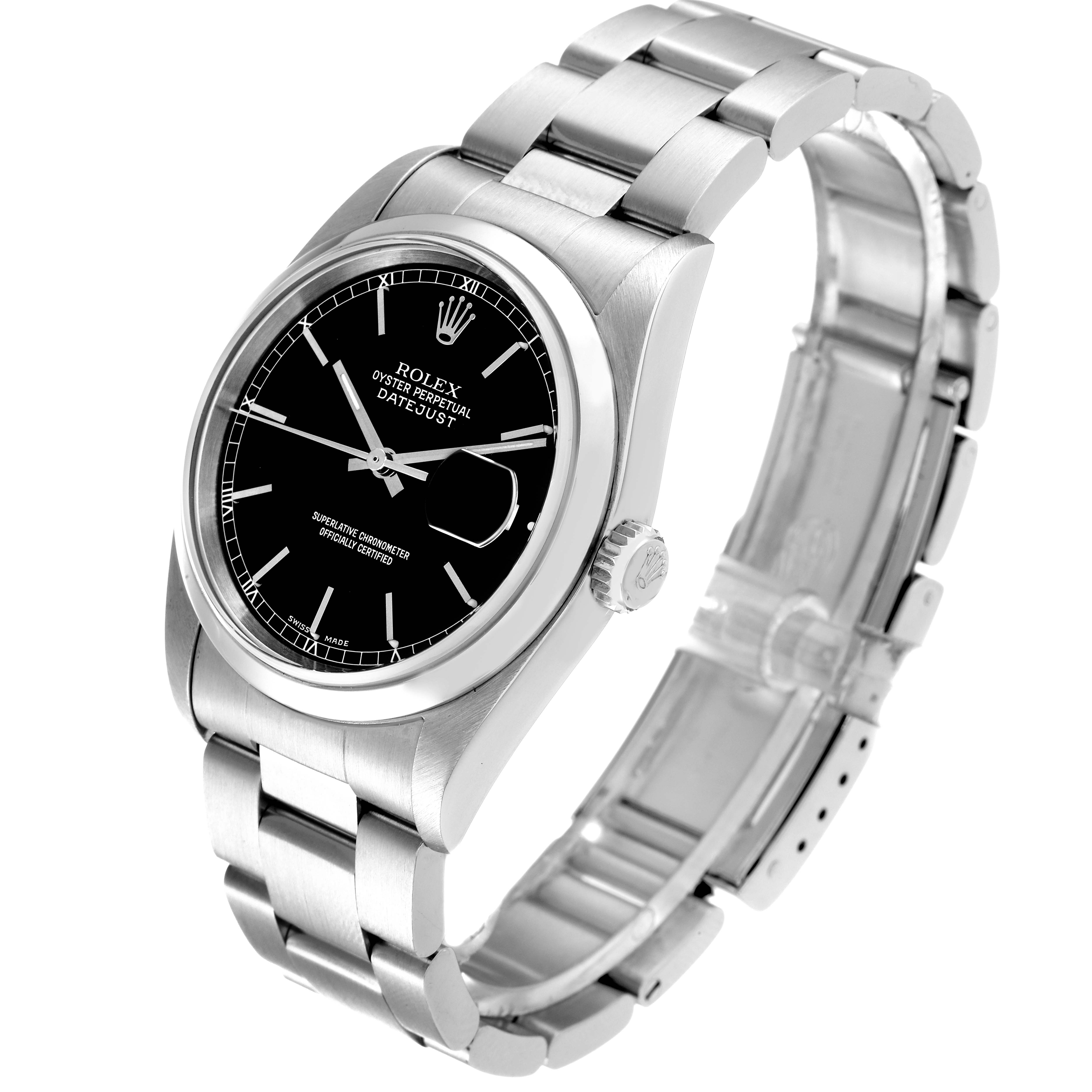 The image shows a Rolex Datejust 16200 Men's Stainless Steel Black Dial 16200 Men's Stainless Steel Black Dial watch angled to display the face, bezel, crown, and bracelet.