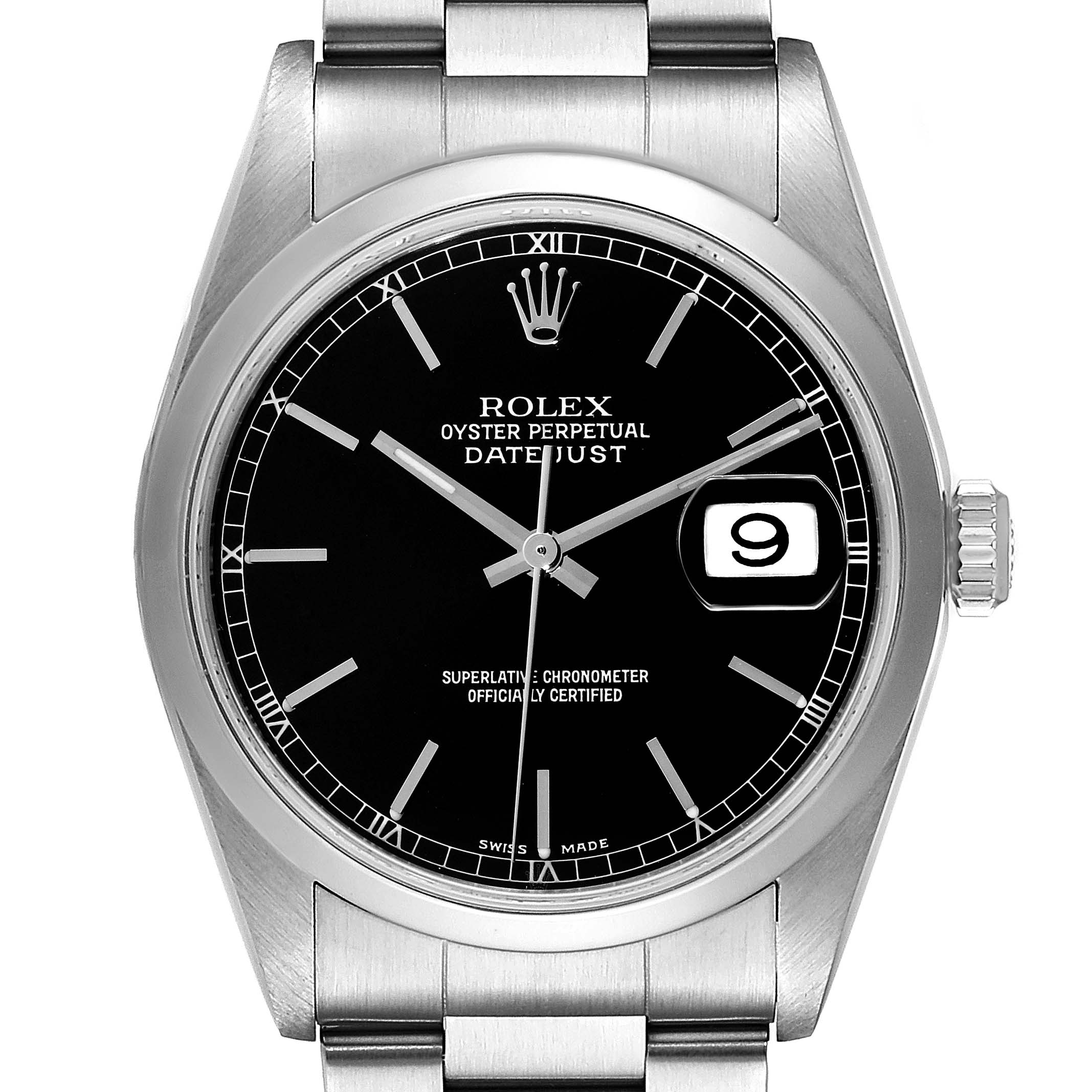 The image shows a frontal view of the Rolex Datejust 16200 Men's Stainless Steel Black Dial 16200 Men's Stainless Steel Black Dial watch, highlighting its black dial, date window, and stainless steel bracelet.