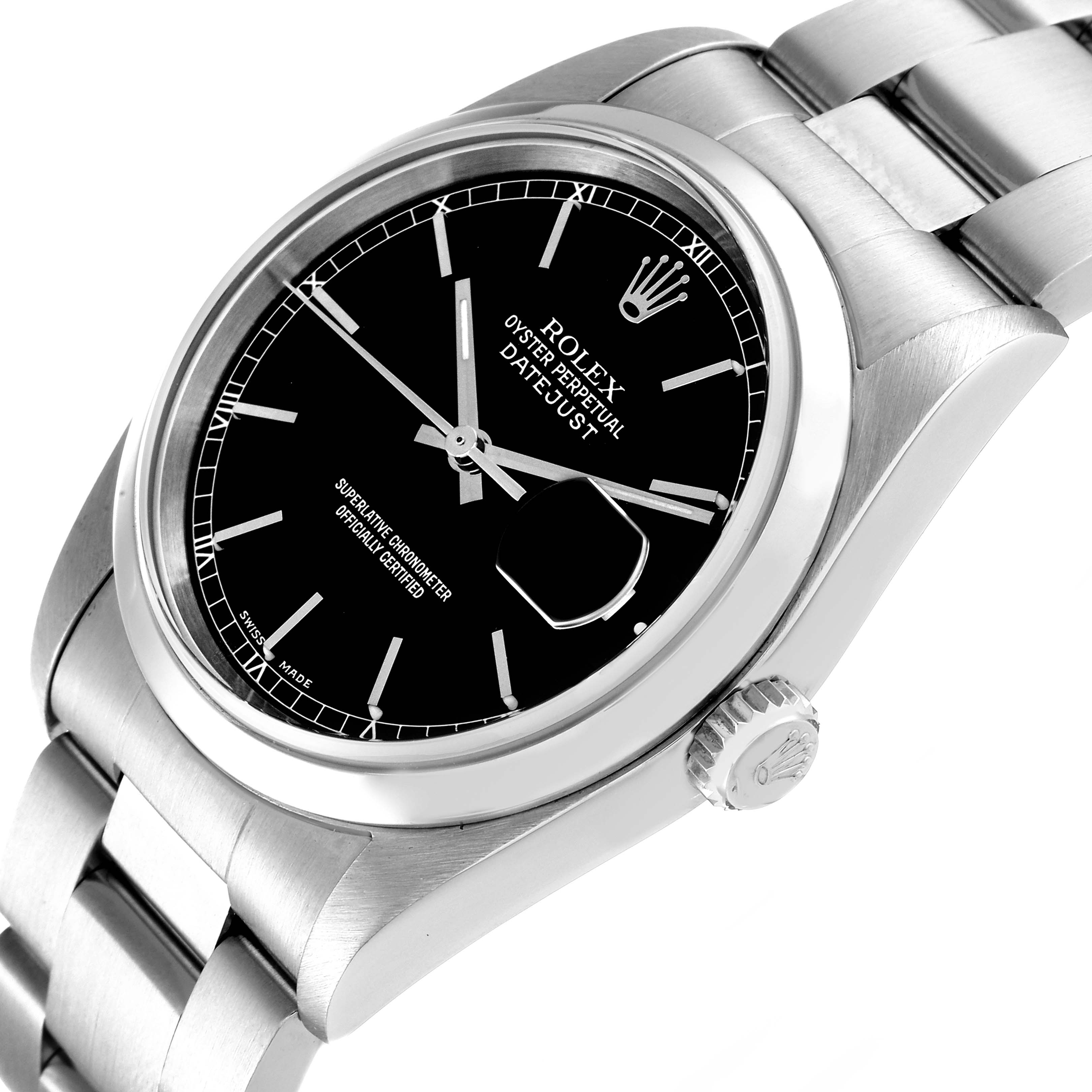 The image shows a close-up angled view of the Rolex Datejust 16200 Men's Stainless Steel Black Dial 16200 Men's Stainless Steel Black Dial watch, including the face, bezel, crown, and part of the bracelet.