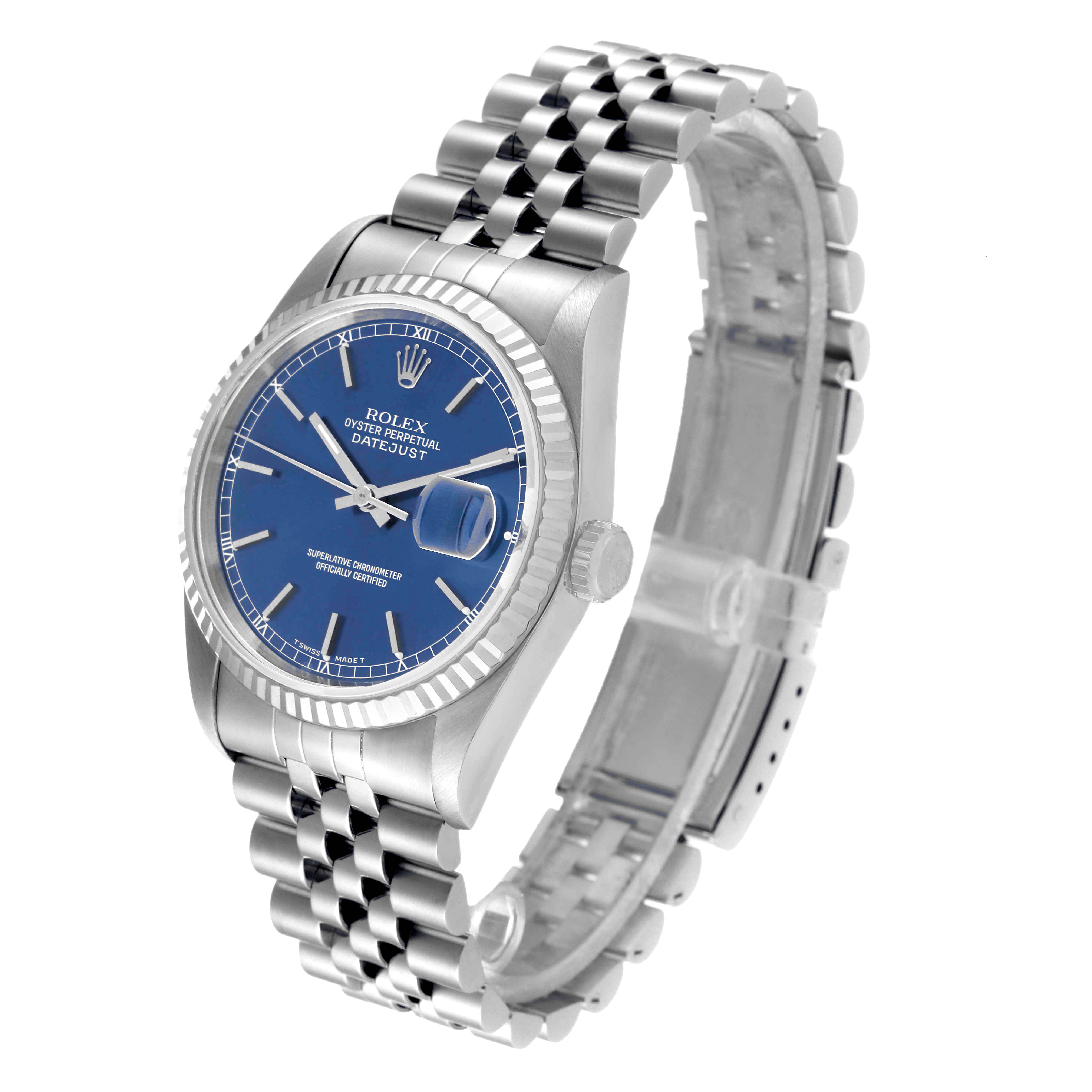 The Rolex Datejust 16234 Men's Stainless Steel Blue Dial 16234 Men's Stainless Steel Blue Dial watch is shown at a three-quarter angle, highlighting its blue dial, fluted bezel, and Jubilee bracelet.
