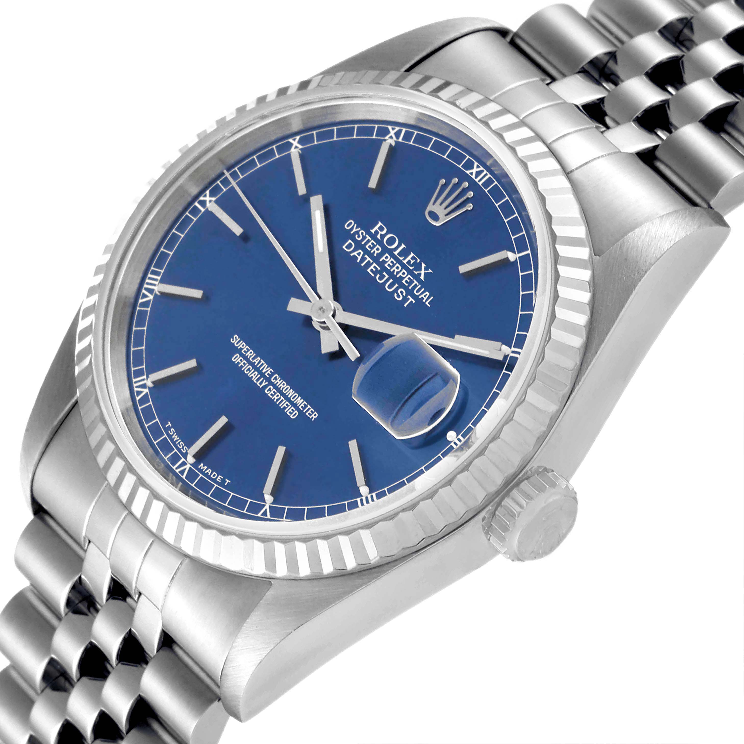 This image shows a Rolex Datejust 16234 Men's Stainless Steel Blue Dial 16234 Men's Stainless Steel Blue Dial wristwatch with a blue dial, fluted bezel, and Jubilee bracelet at a slight angle.