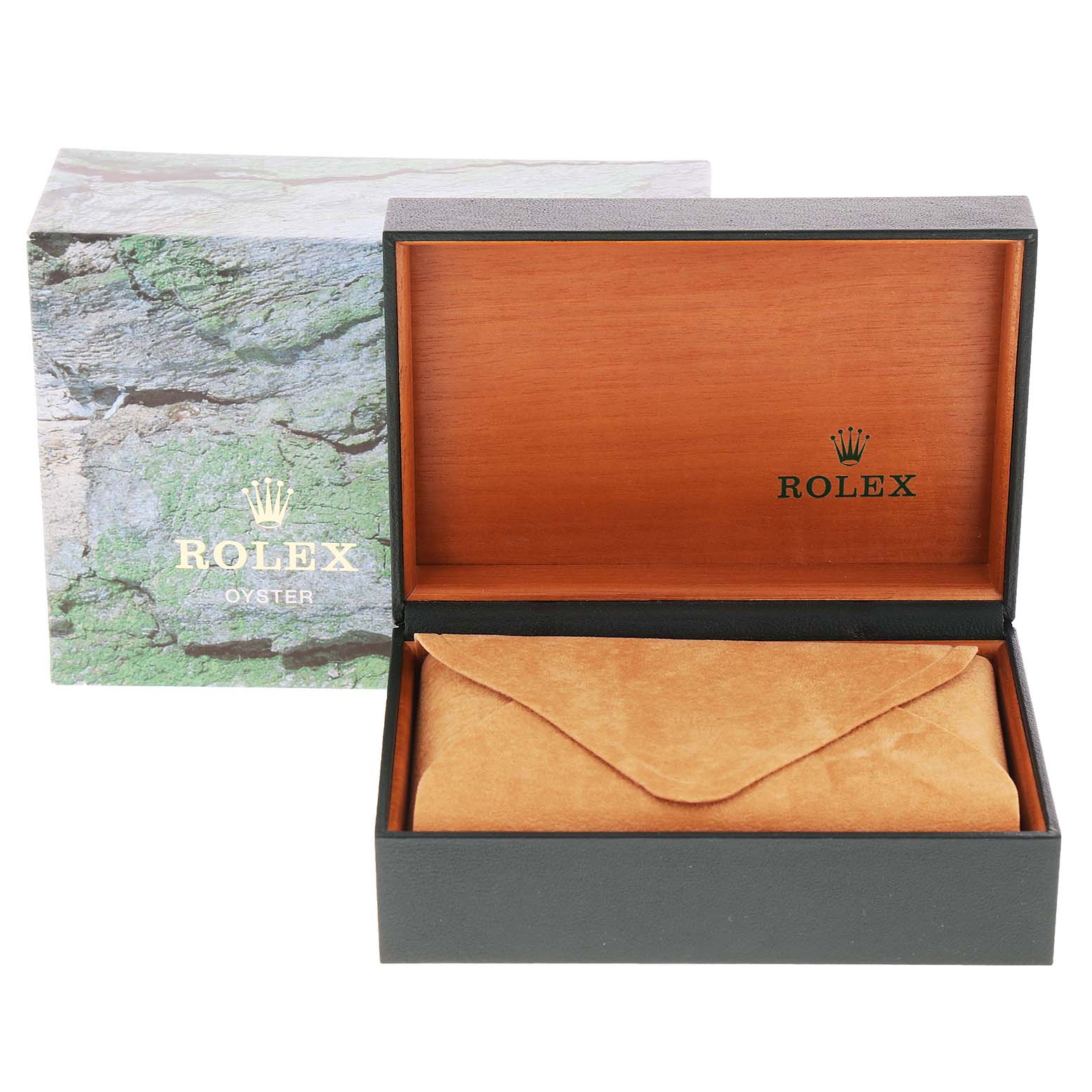 This image shows the packaging of a Rolex Datejust 16234 Men's Stainless Steel Blue Dial 16234 Men's Stainless Steel Blue Dial, including an outer box and an open wooden inner box with a suede pouch.