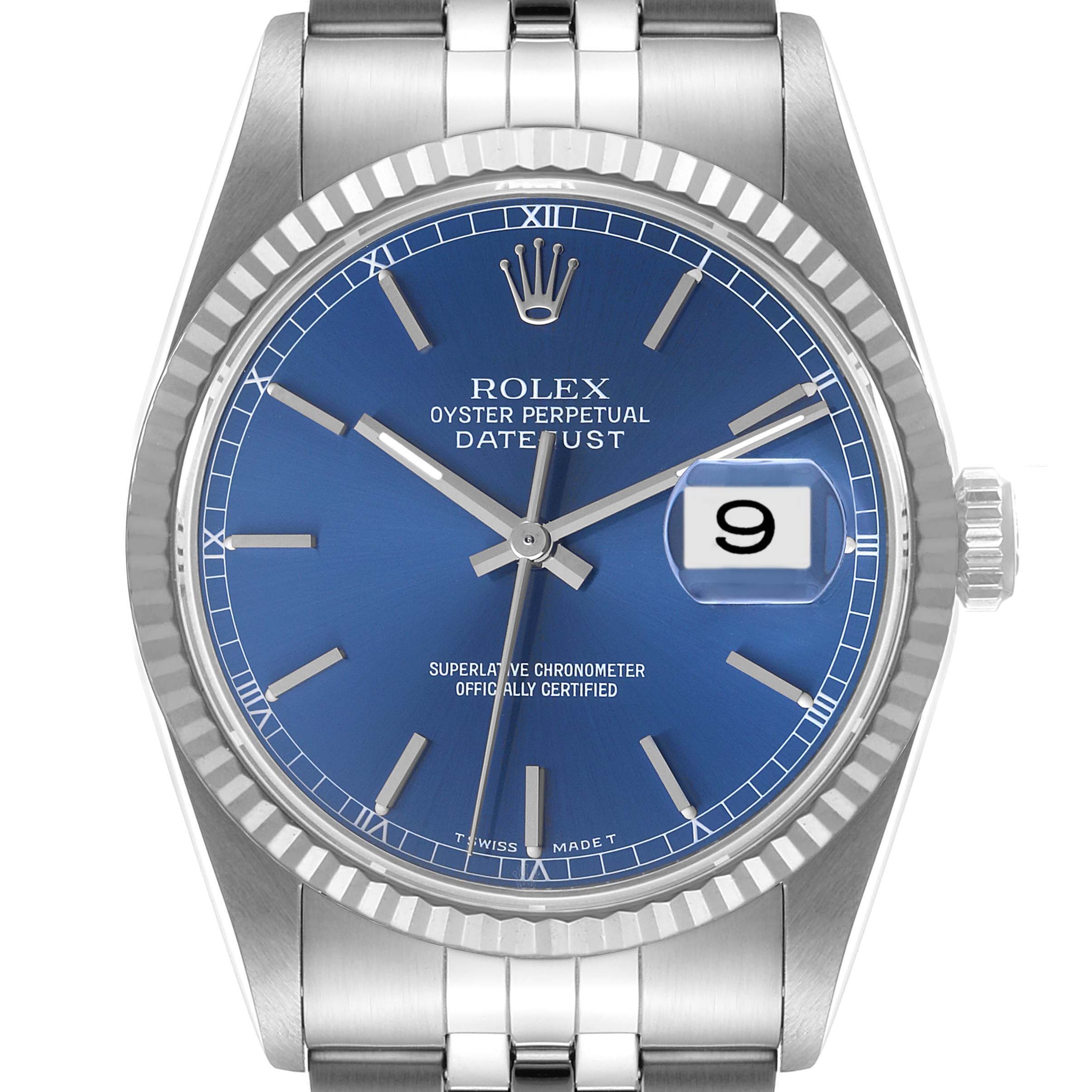 The image shows a front view of a Rolex Datejust 16234 Men's Stainless Steel Blue Dial 16234 Men's Stainless Steel Blue Dial watch with a blue dial, fluted bezel, and silver bracelet.