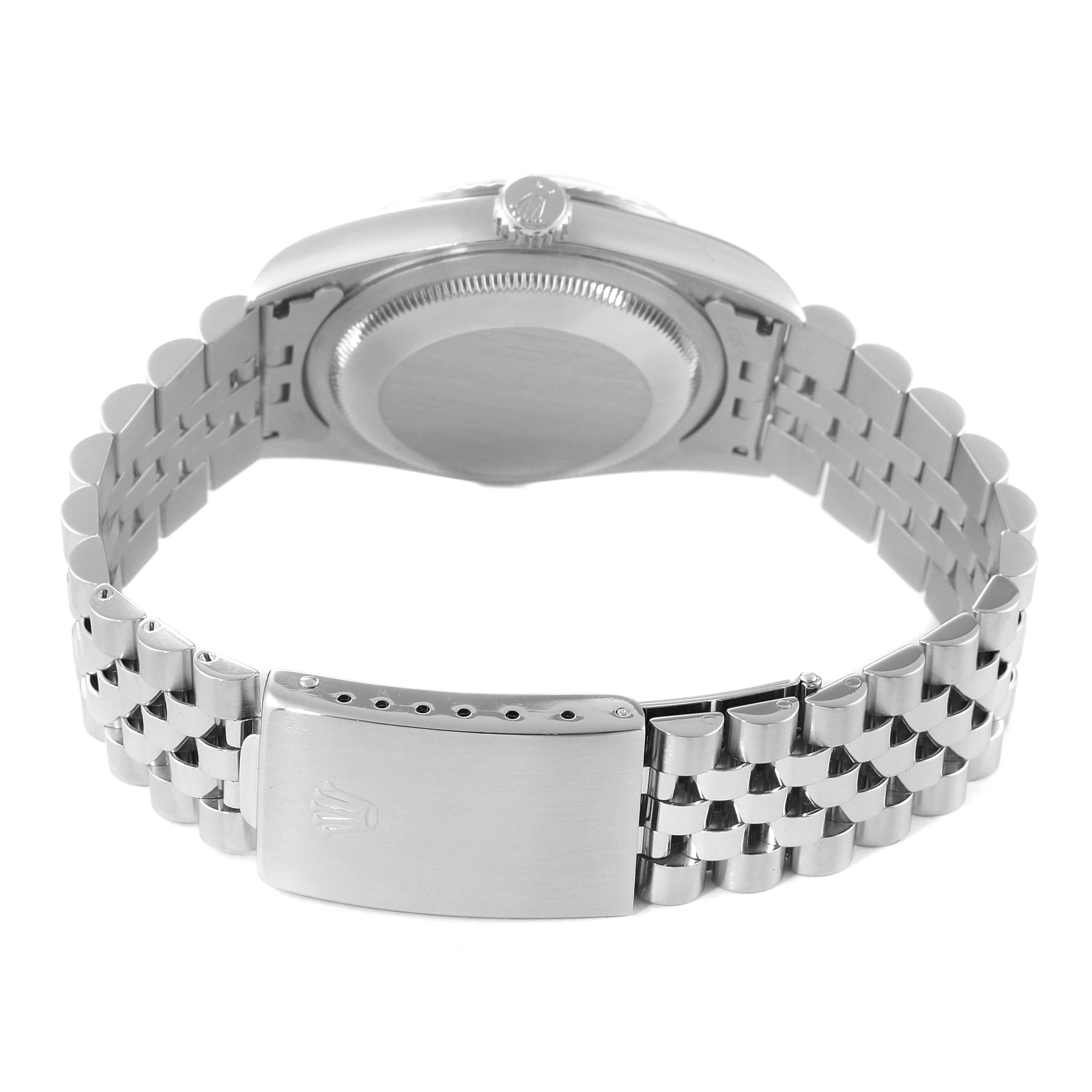 The image shows the back and bracelet of a Rolex Datejust 16234 Men's Stainless Steel Blue Dial 16234 Men's Stainless Steel Blue Dial model, highlighting the clasp and case back.