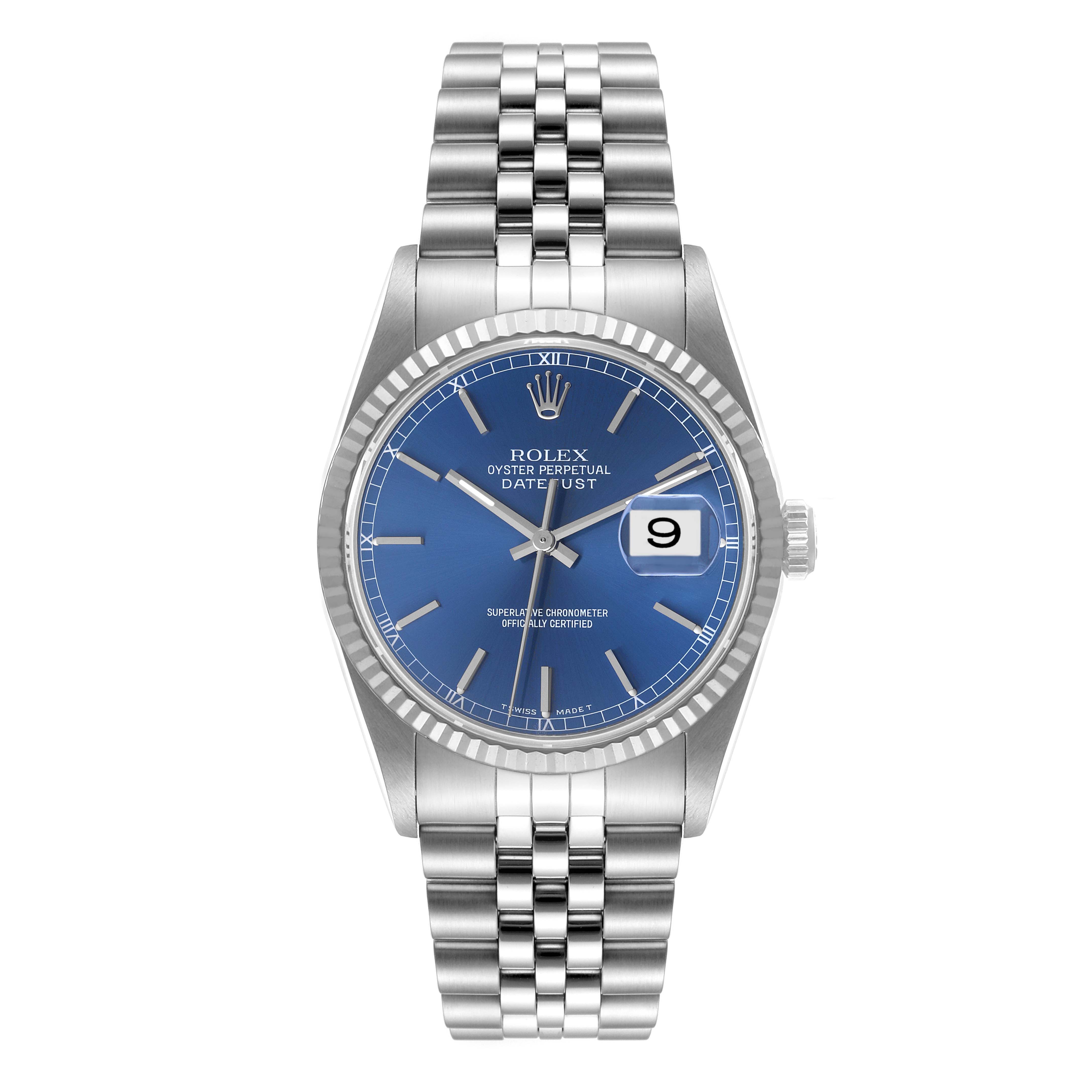 This image shows a front view of a Rolex Datejust 16234 Men's Stainless Steel Blue Dial 16234 Men's Stainless Steel Blue Dial watch with a blue dial and a stainless steel bracelet.