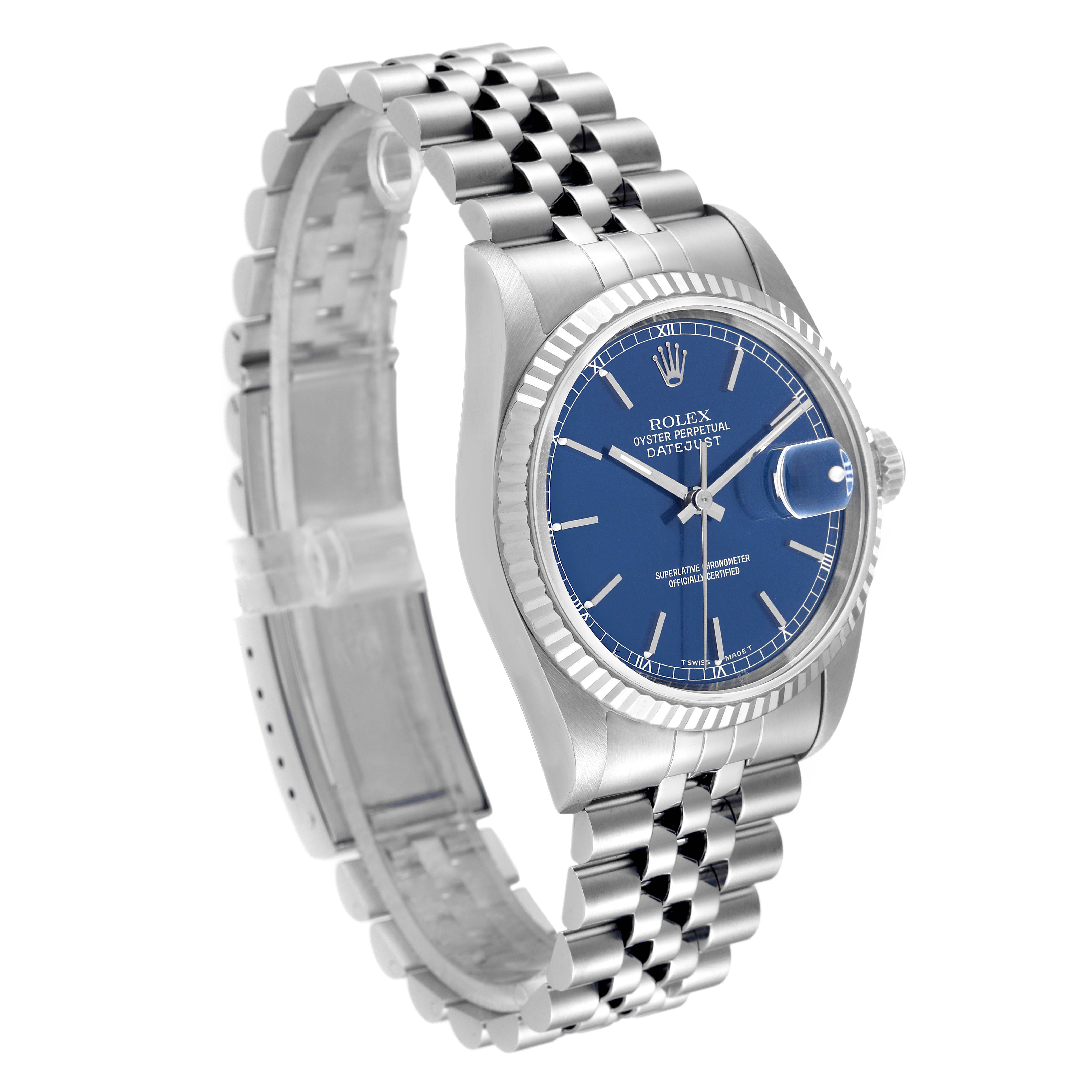 The Rolex Datejust 16234 Men's Stainless Steel Blue Dial 16234 Men's Stainless Steel Blue Dial watch is shown at a three-quarter angle, displaying its blue dial, fluted bezel, and Jubilee bracelet.