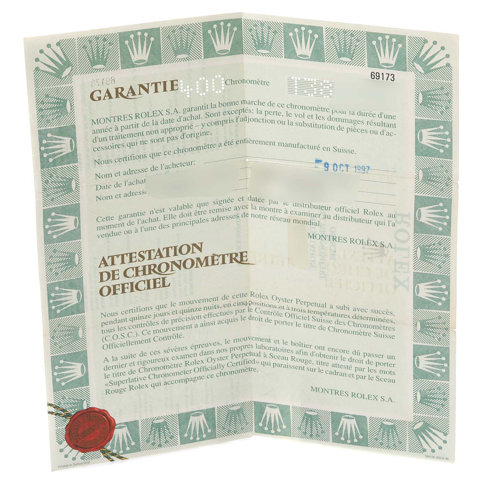 The image shows an official chronometer certificate and warranty card for a Rolex Datejust 69173 Women's Steel and Gold (two tone) Champagne Dial 69173 Women's Steel and Gold (two tone) Champagne Dial watch.