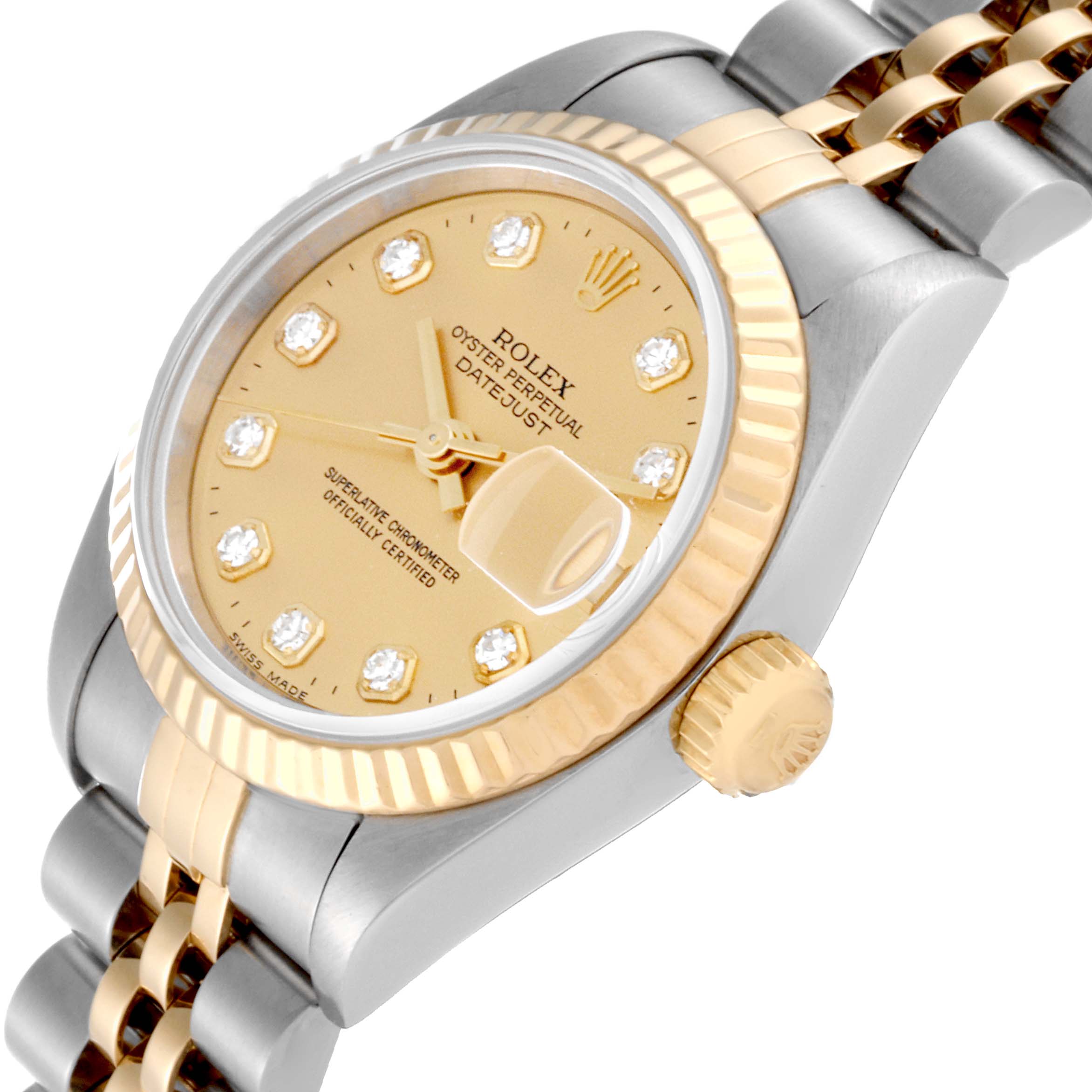 The image shows a close-up view of the Rolex Datejust 69173 Women's Steel and Gold (two tone) Champagne Dial 69173 Women's Steel and Gold (two tone) Champagne Dial watch, including the dial, bezel, crown, and part of the bracelet.
