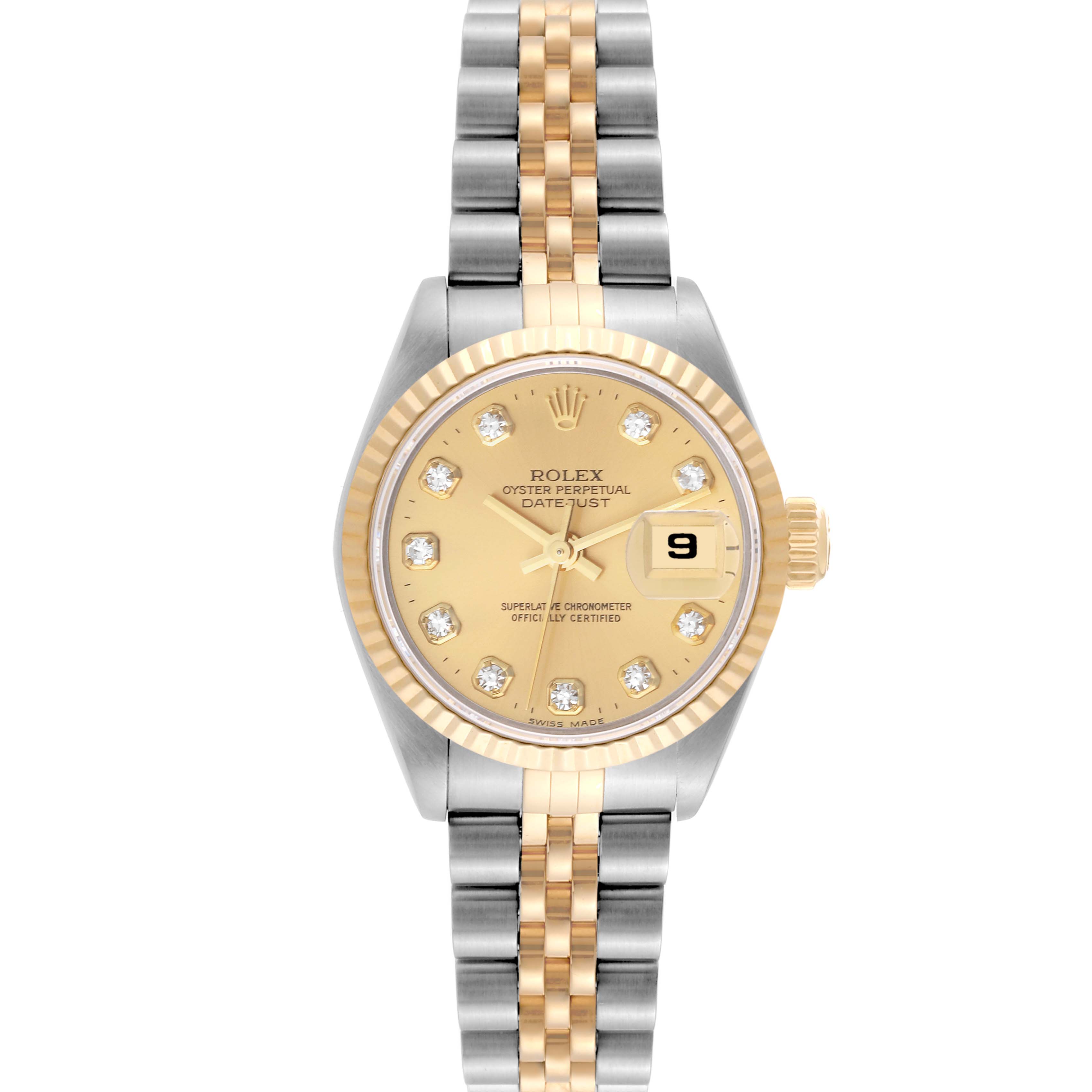 The image shows a front view of a Rolex Datejust 69173 Women's Steel and Gold (two tone) Champagne Dial 69173 Women's Steel and Gold (two tone) Champagne Dial watch, highlighting its dial, bracelet, and date display.