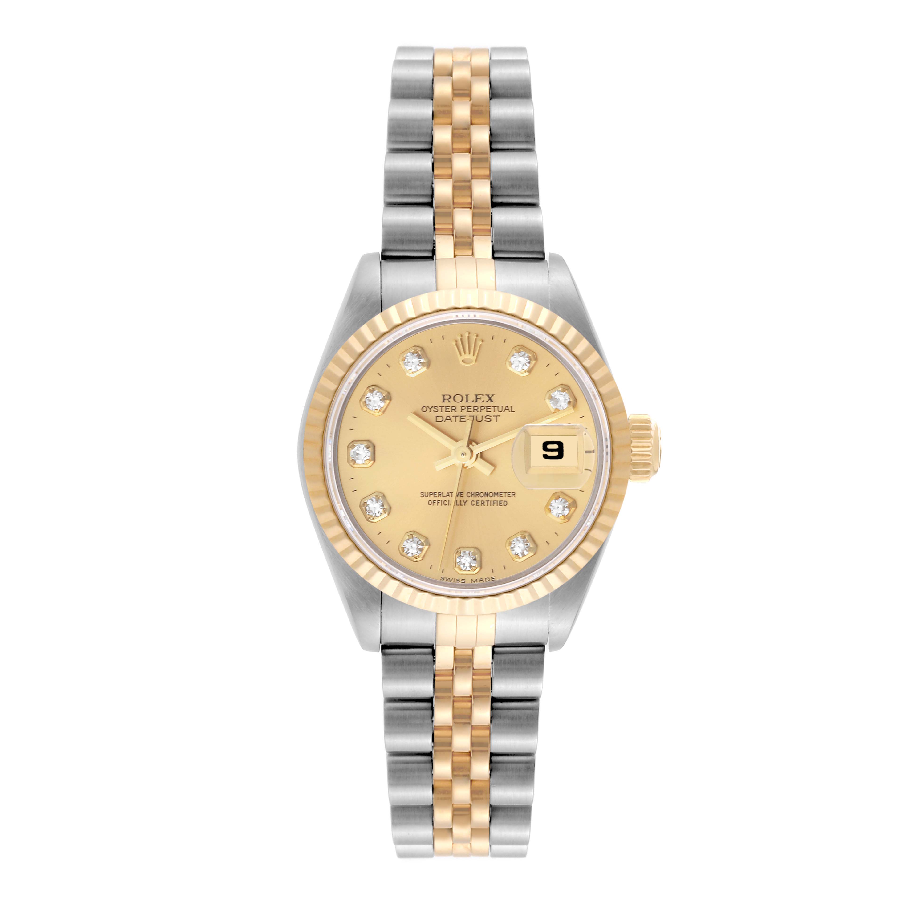 This image shows a Rolex Datejust 69173 Women's Steel and Gold (two tone) Champagne Dial 69173 Women's Steel and Gold (two tone) Champagne Dial watch from a frontal angle, highlighting its face, bezel, crown, and two-tone bracelet.