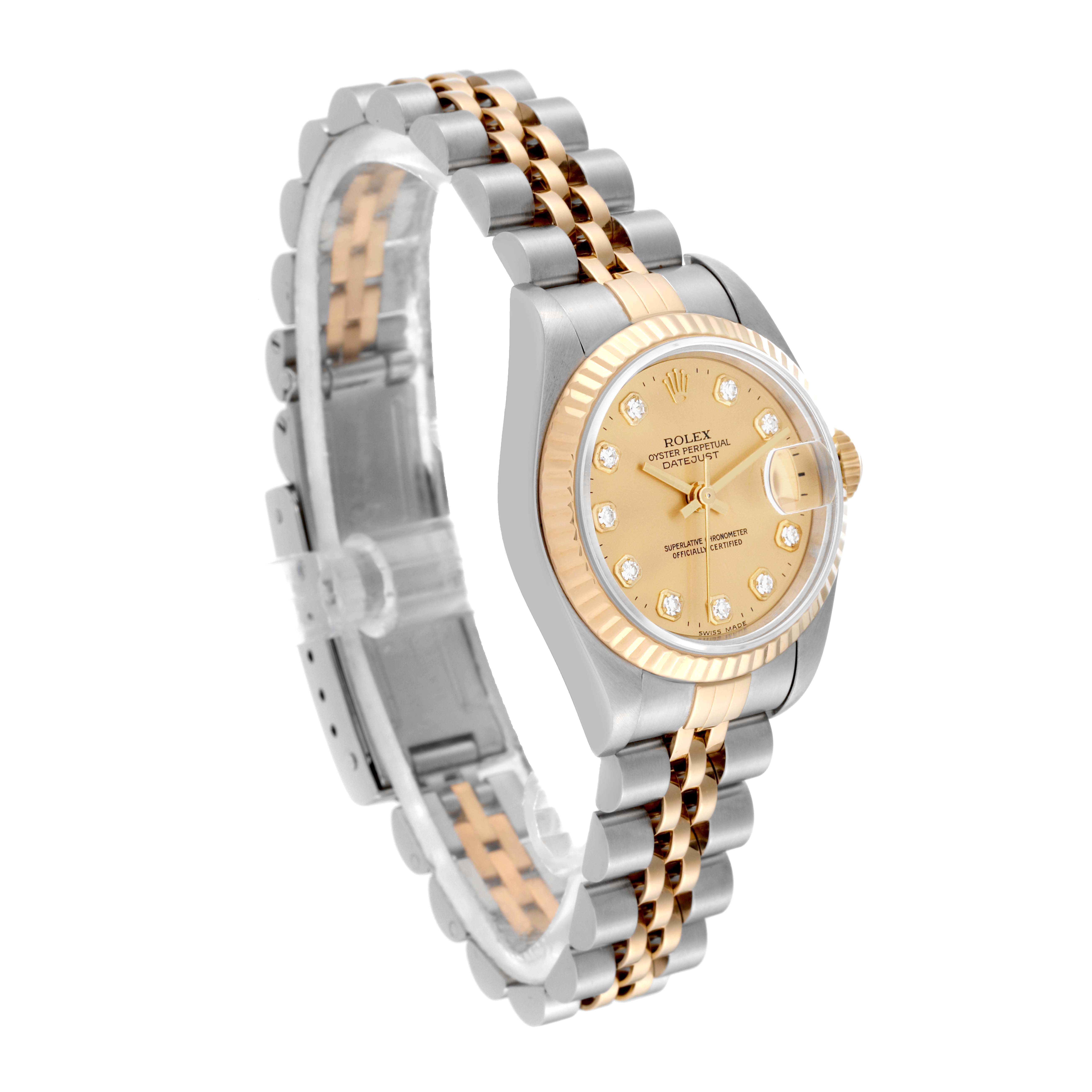 The image shows a side view of a Rolex Datejust 69173 Women's Steel and Gold (two tone) Champagne Dial 69173 Women's Steel and Gold (two tone) Champagne Dial watch, highlighting its two-tone bracelet and gold dial with diamond hour markers.