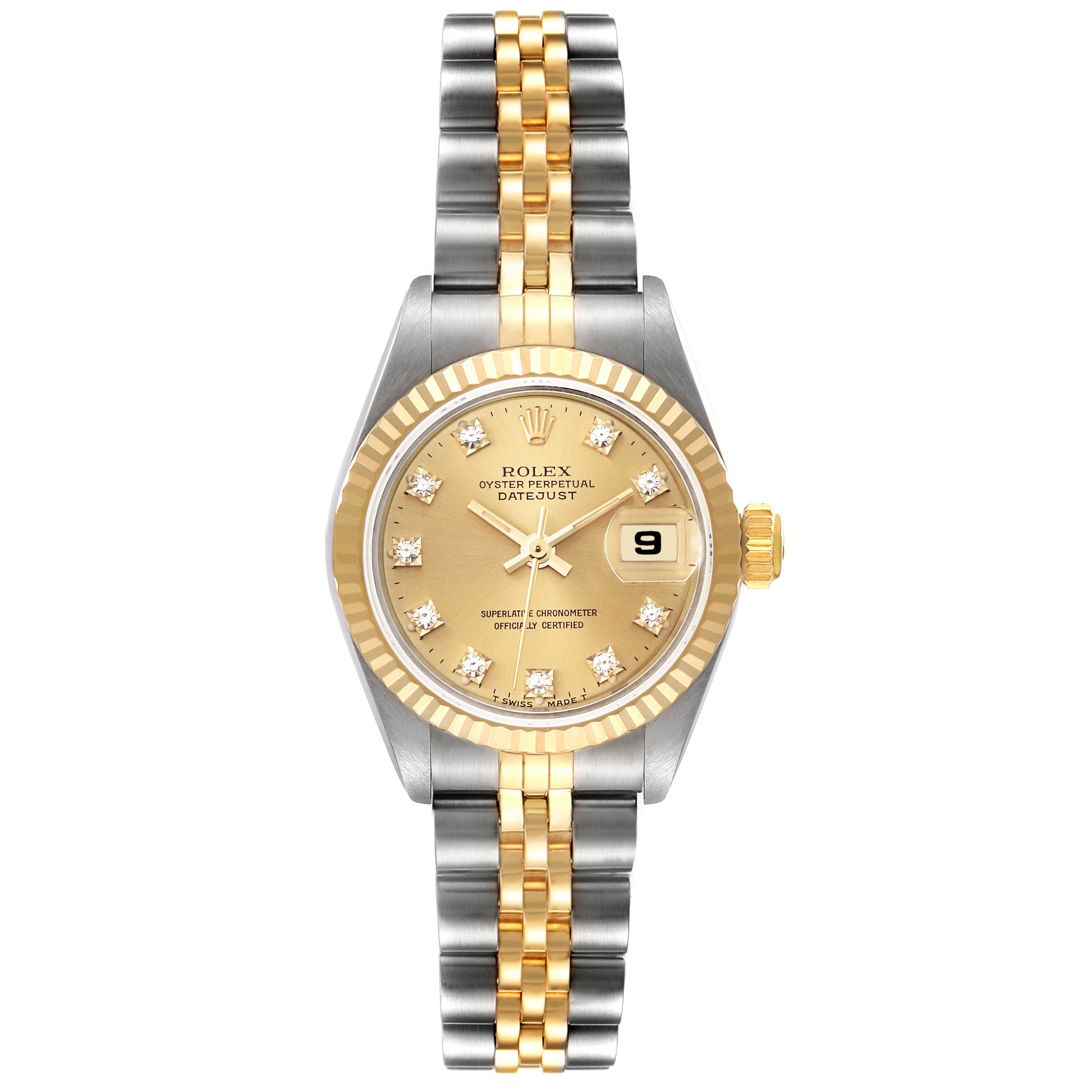 The image shows a front view of the Rolex Datejust 69173 Women's Steel and Gold (two tone) Champagne Dial 69173 Women's Steel and Gold (two tone) Champagne Dial watch, featuring its dial, bezel, crown, and bracelet.