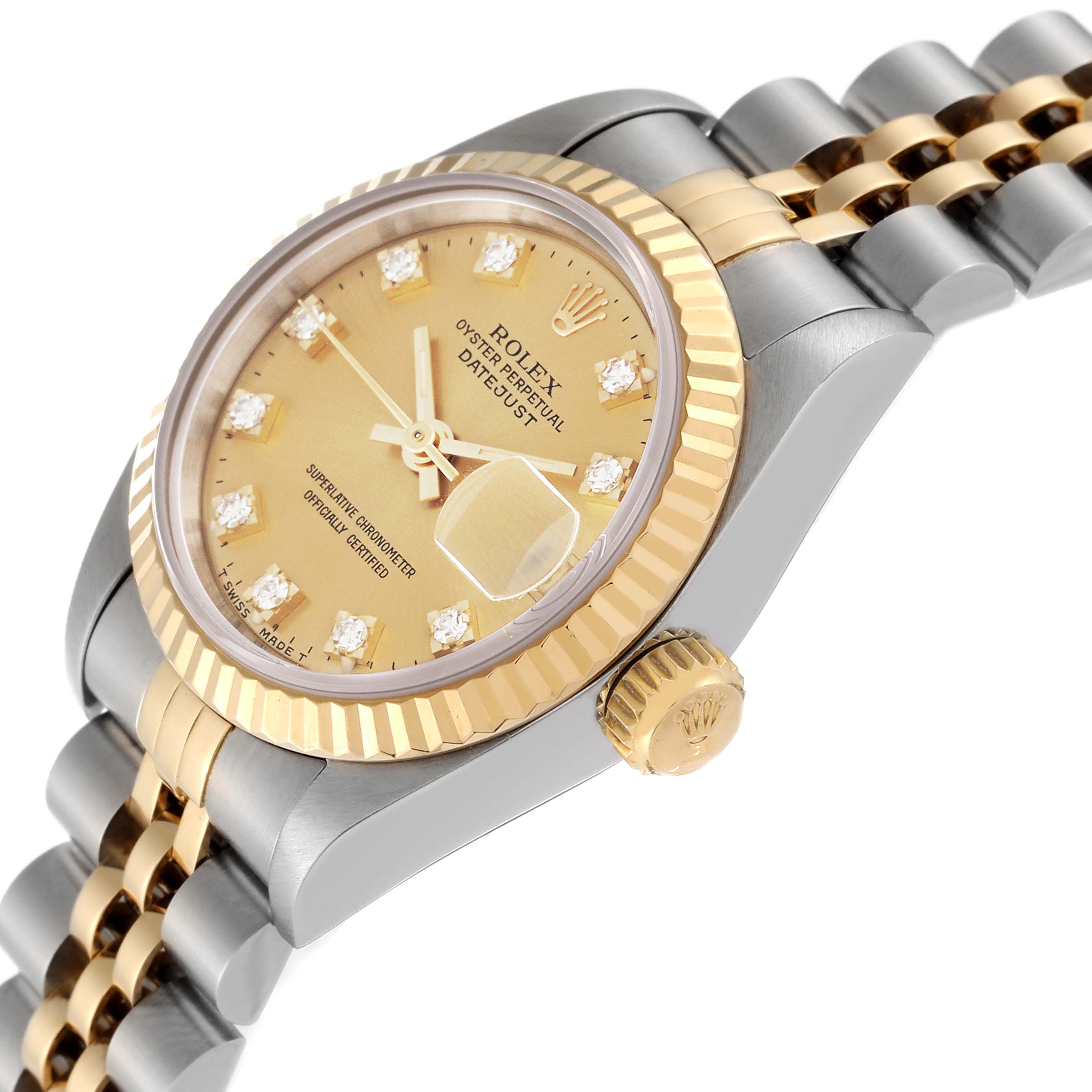The image shows a close-up side and partial top view of a Rolex Datejust 69173 Women's Steel and Gold (two tone) Champagne Dial 69173 Women's Steel and Gold (two tone) Champagne Dial watch, highlighting the dial, bezel, and crown.