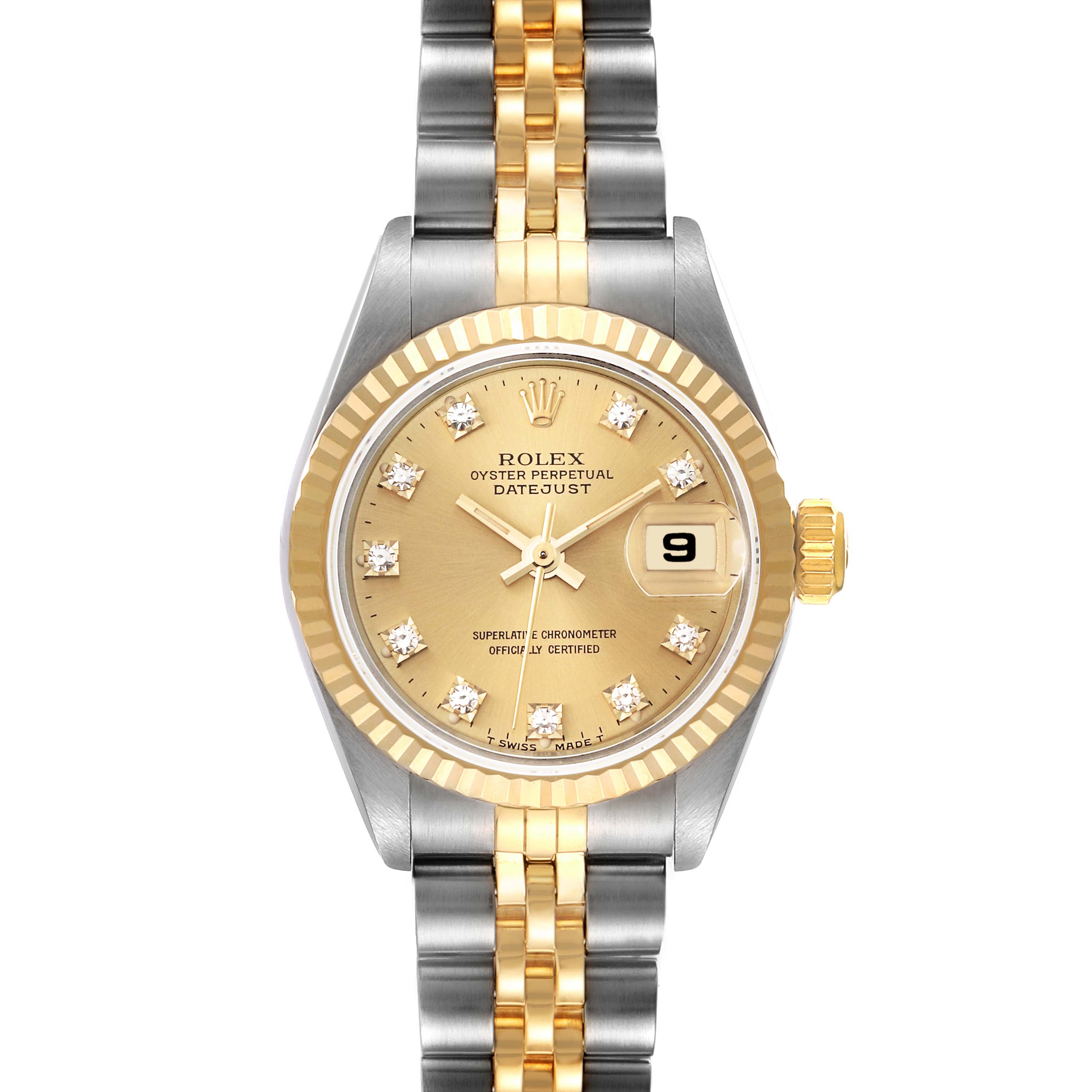 This image shows a front view of the Rolex Datejust 69173 Women's Steel and Gold (two tone) Champagne Dial 69173 Women's Steel and Gold (two tone) Champagne Dial wristwatch, highlighting its dial, bezel, and Jubilee bracelet.