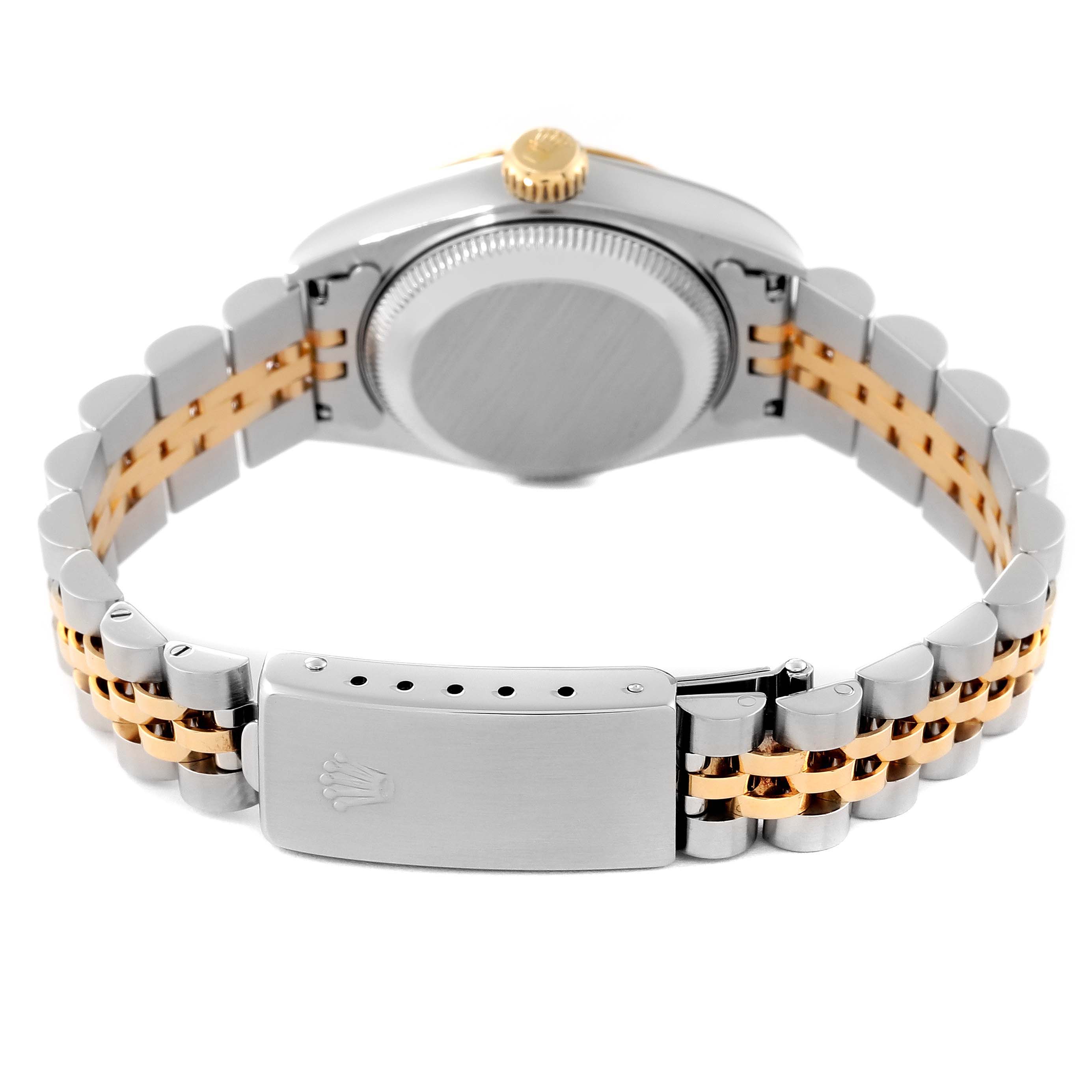 This image shows the back view of a Rolex Datejust 69173 Women's Steel and Gold (two tone) Champagne Dial 69173 Women's Steel and Gold (two tone) Champagne Dial watch, focusing on the case, crown, and two-tone metal bracelet with a clasp.