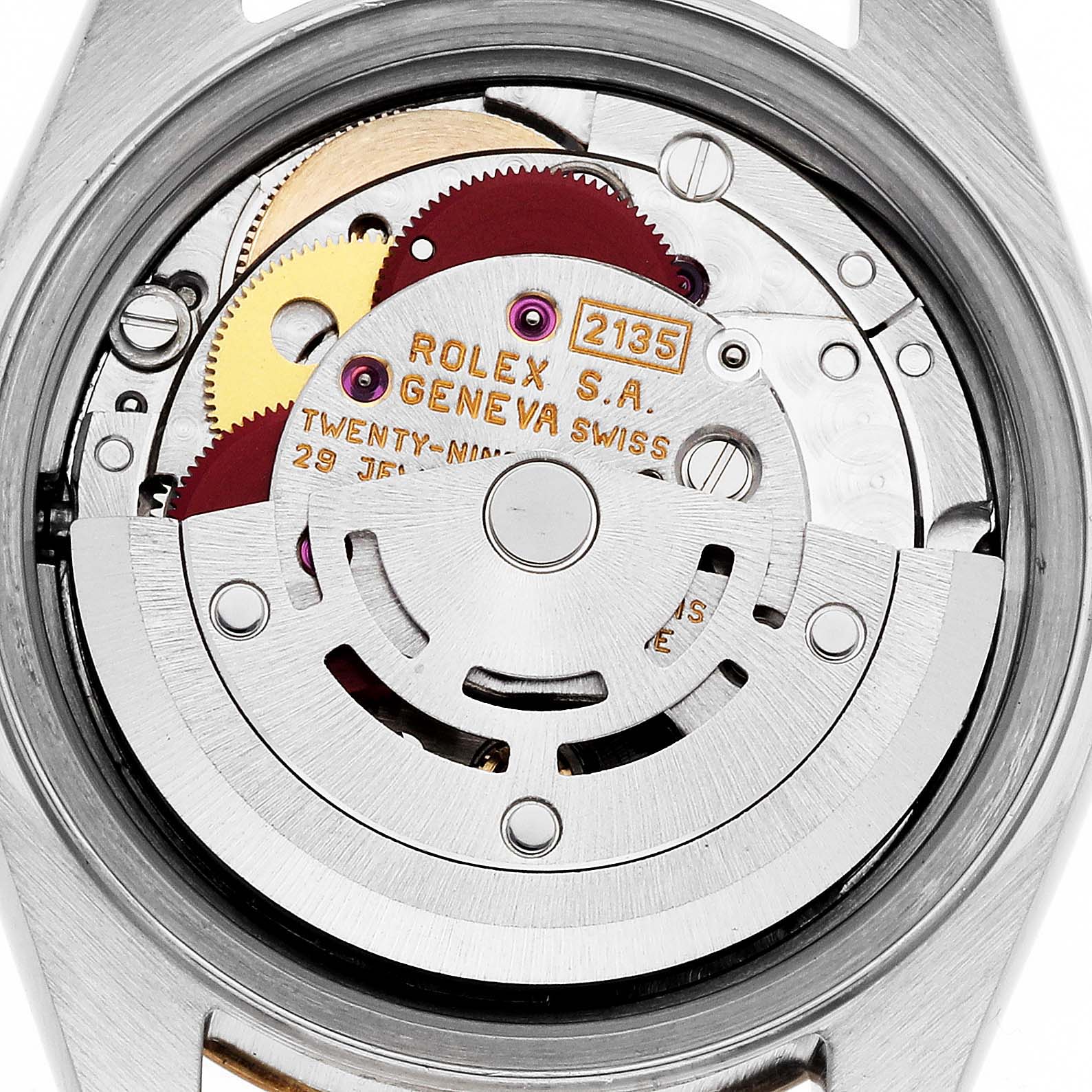 The image shows the back view of the Rolex Datejust 69173 Women's Steel and Gold (two tone) Champagne Dial 69173 Women's Steel and Gold (two tone) Champagne Dial watch, focusing on its internal movement components.