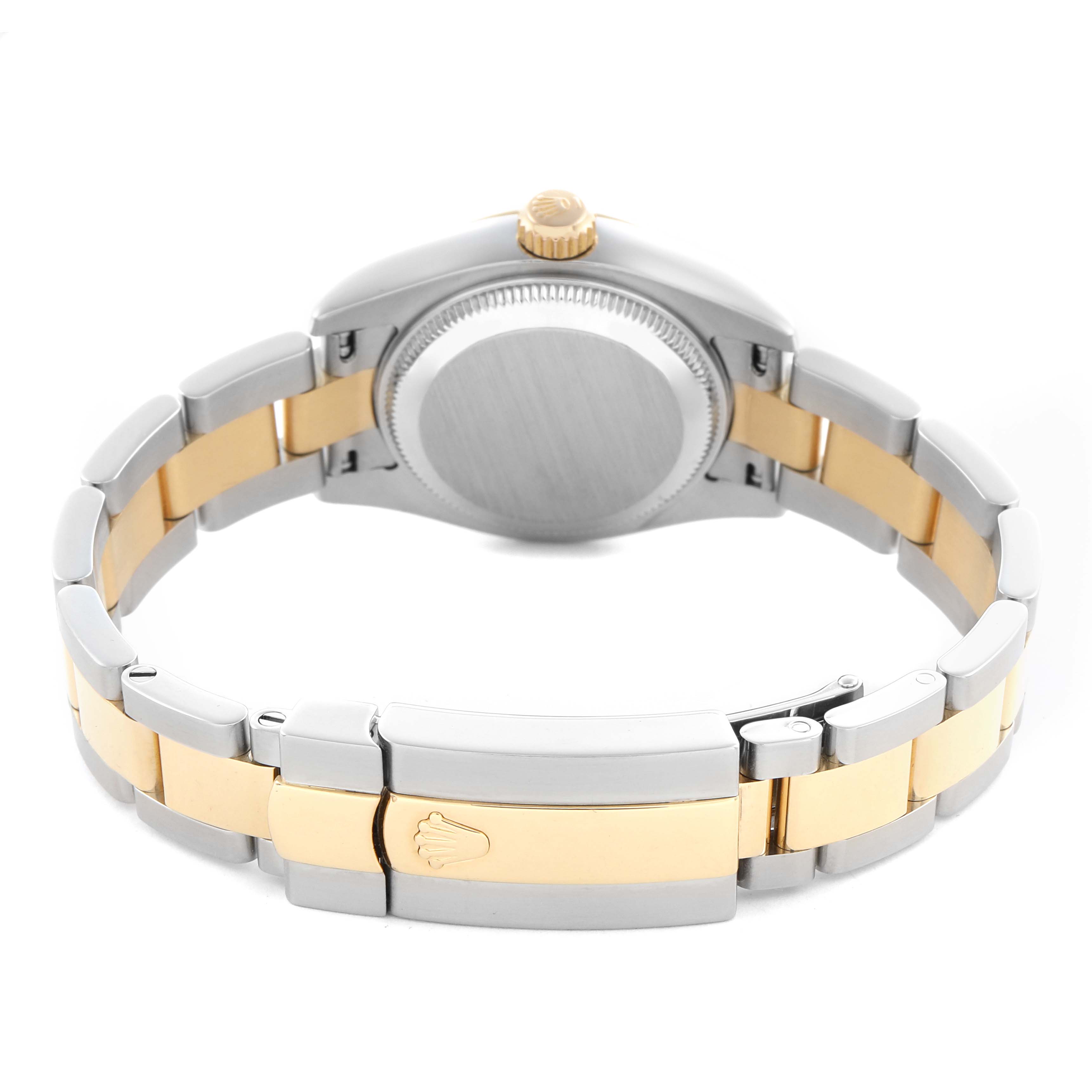 The image shows the back and bracelet of a Rolex Datejust 179173 Women
s Steel and Gold (two tone) Black Dial 179173 Women
s Steel and Gold (two tone) Black Dial, highlighting the clasp and two-tone links.