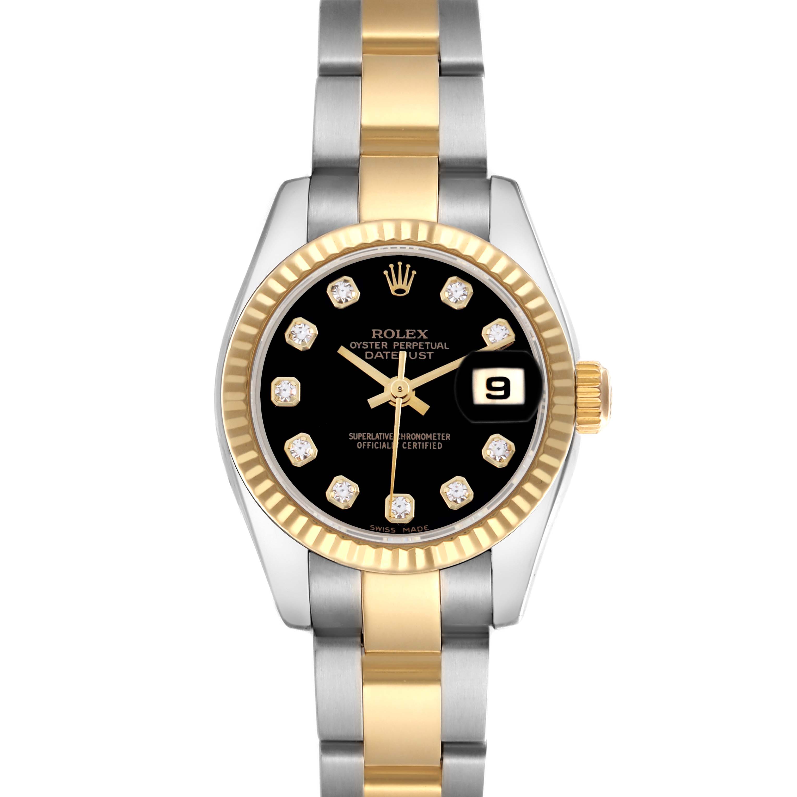 The Rolex Datejust 179173 Women
s Steel and Gold (two tone) Black Dial 179173 Women
s Steel and Gold (two tone) Black Dial watch is shown from a front angle, highlighting its black dial, gold fluted bezel, and two-tone bracelet.