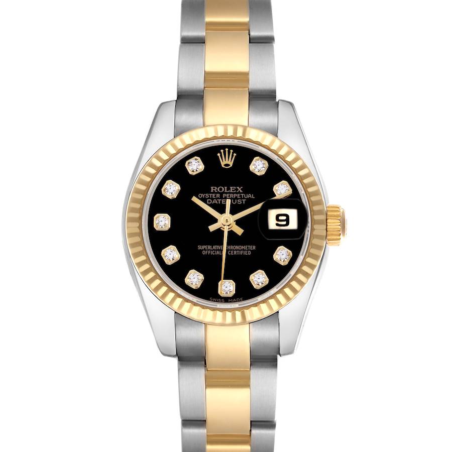 The Rolex Datejust watch is shown from a front angle, highlighting its black dial, gold fluted bezel, and two-tone bracelet.