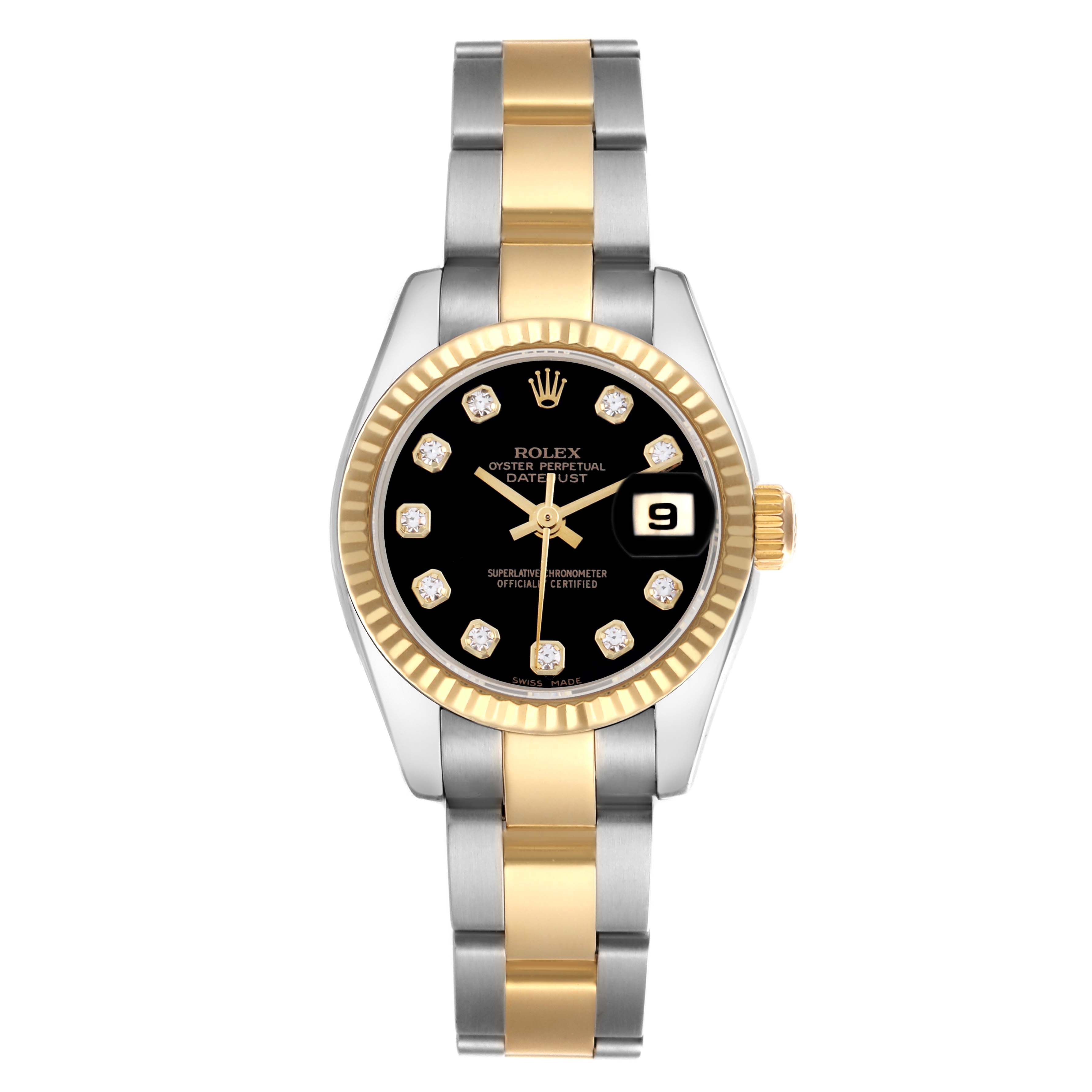 The Rolex Datejust 179173 Women
s Steel and Gold (two tone) Black Dial 179173 Women
s Steel and Gold (two tone) Black Dial watch is shown from a top view, highlighting its gold and silver bracelet, black dial, and date window.
