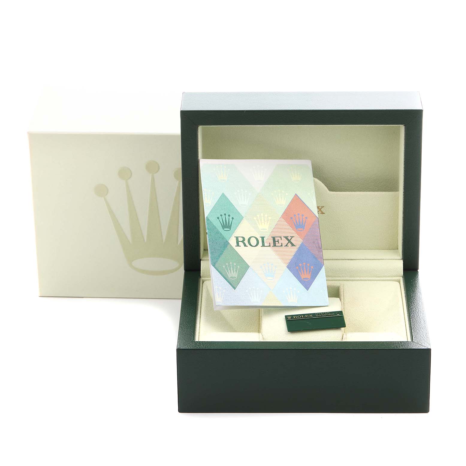 The image shows an open Rolex Datejust 179173 Women
s Steel and Gold (two tone) Black Dial 179173 Women
s Steel and Gold (two tone) Black Dial box, cardholder, and branded tag.