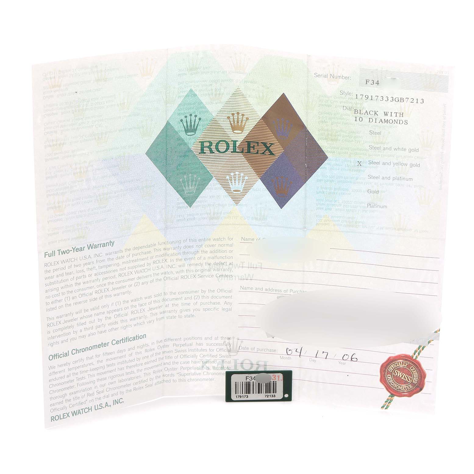 The image shows warranty documentation for a Rolex Datejust 179173 Women
s Steel and Gold (two tone) Black Dial 179173 Women
s Steel and Gold (two tone) Black Dial watch, featuring the brand
s logo and purchase details.