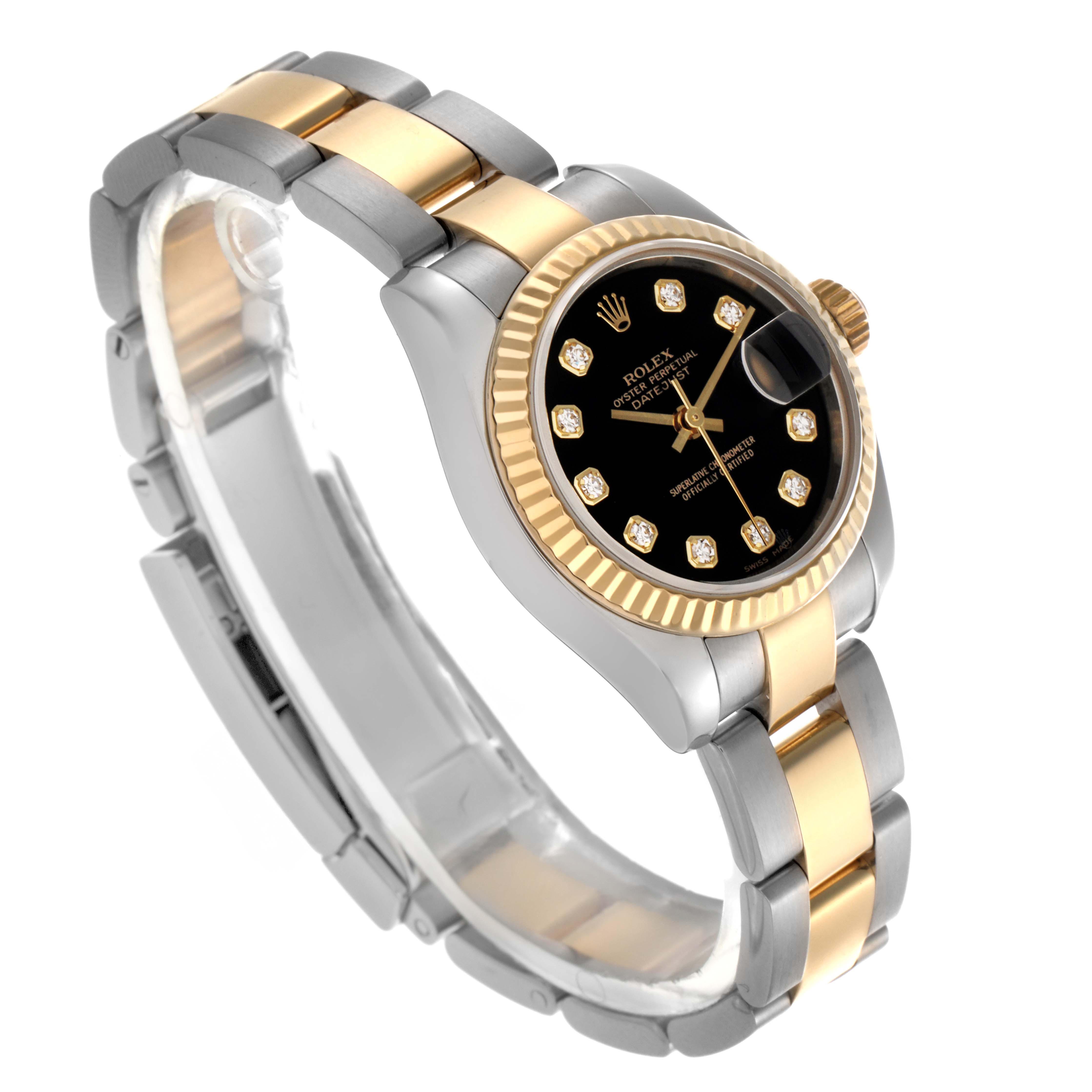 The Rolex Datejust 179173 Women
s Steel and Gold (two tone) Black Dial 179173 Women
s Steel and Gold (two tone) Black Dial watch is shown at an angled top view, highlighting the bezel, dial, and two-tone bracelet.