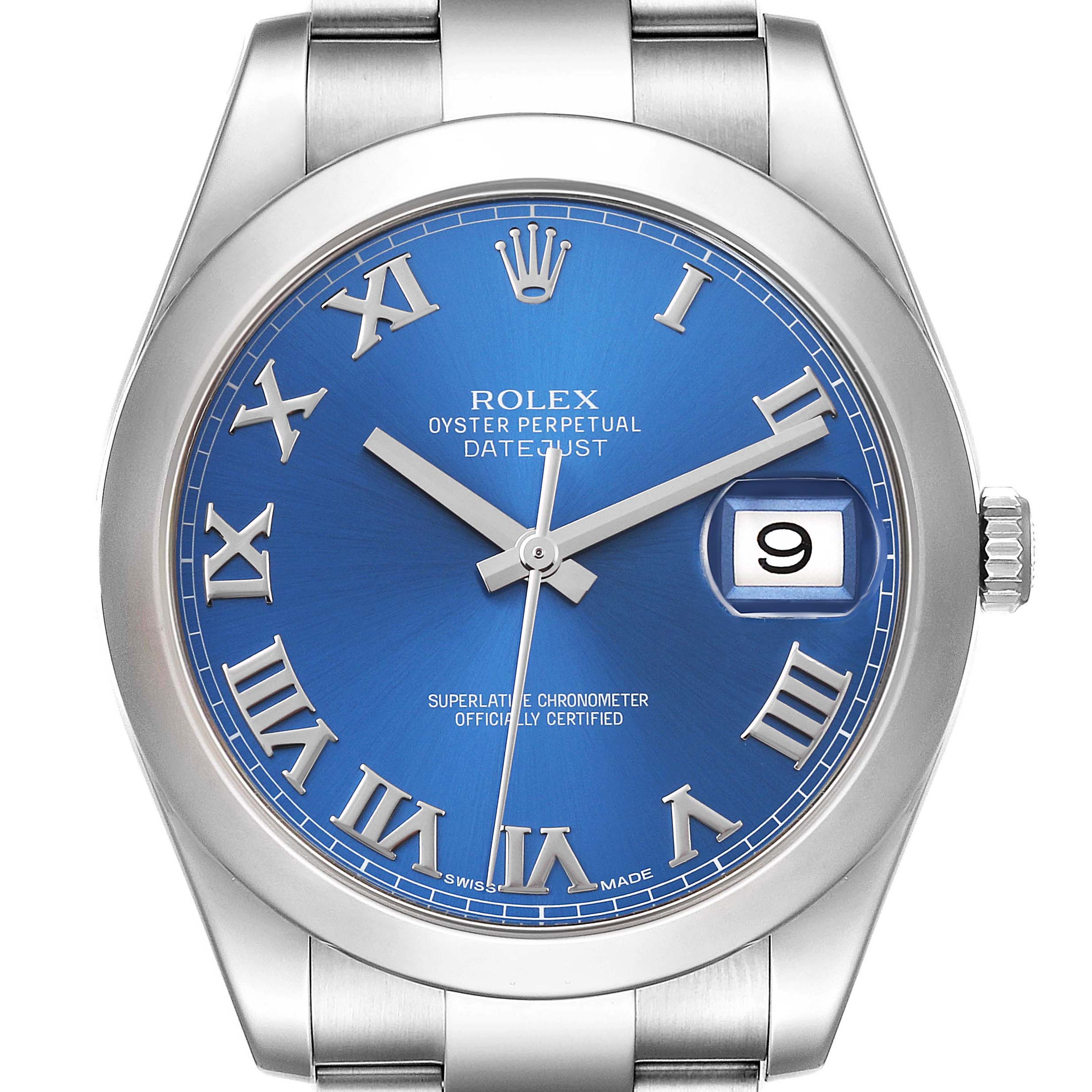 This is a front view of the Rolex Datejust 41 116300 Men's Stainless Steel Blue Dial 116300 Men's Stainless Steel Blue Dial, showcasing its blue dial, Roman numerals, and date window.