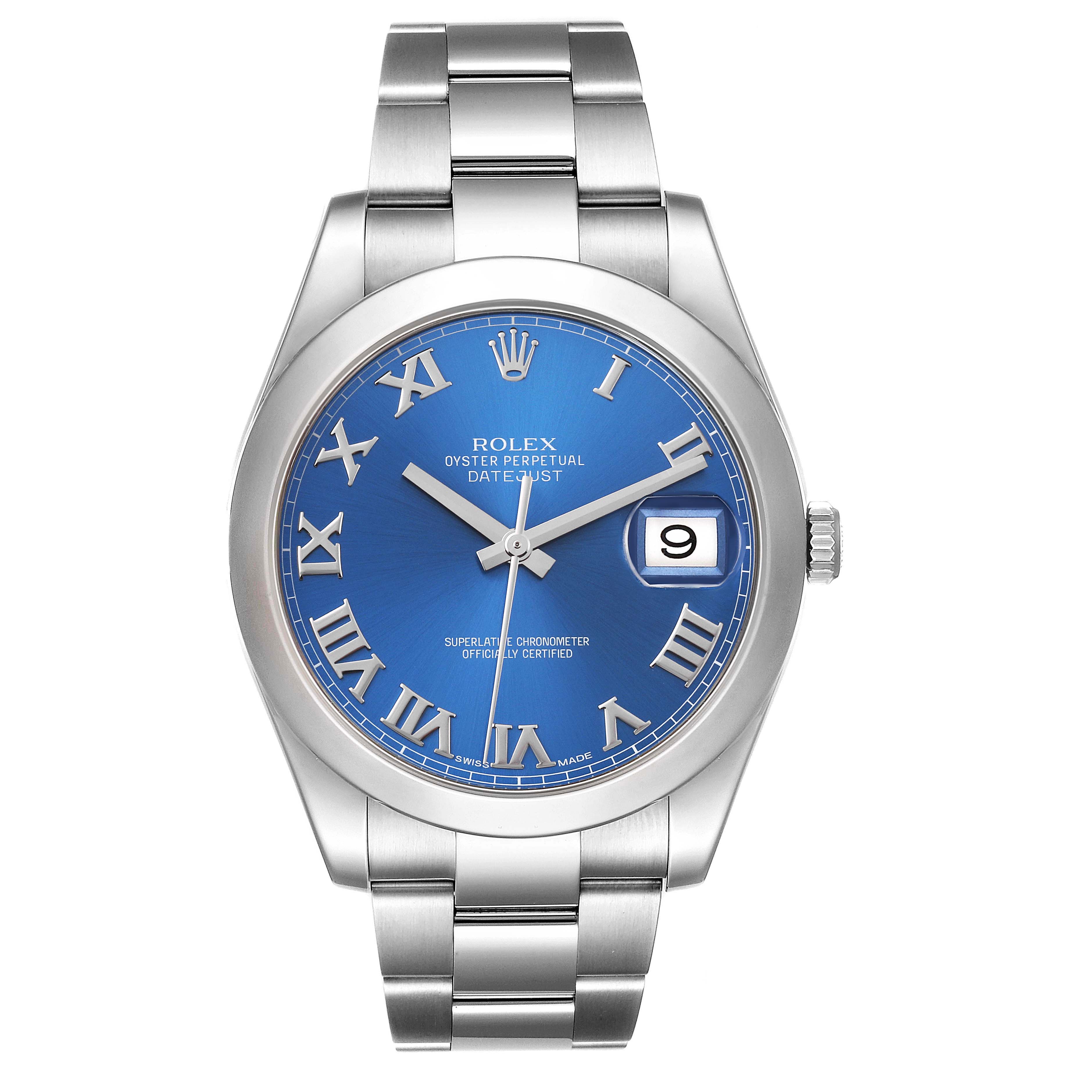 The image shows a front view of a Rolex Datejust 41 116300 Men's Stainless Steel Blue Dial 116300 Men's Stainless Steel Blue Dial watch with a blue dial and Roman numeral hour markers.