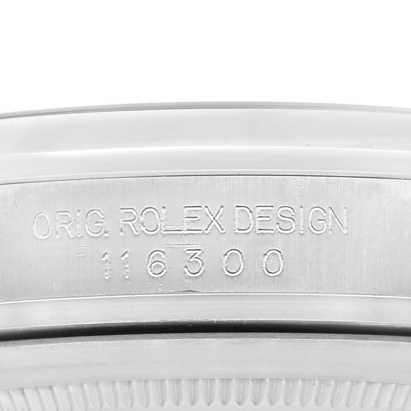 This image shows the side engraving and bezel edge of a Rolex Datejust 41 116300 Men's Stainless Steel Blue Dial 116300 Men's Stainless Steel Blue Dial watch.