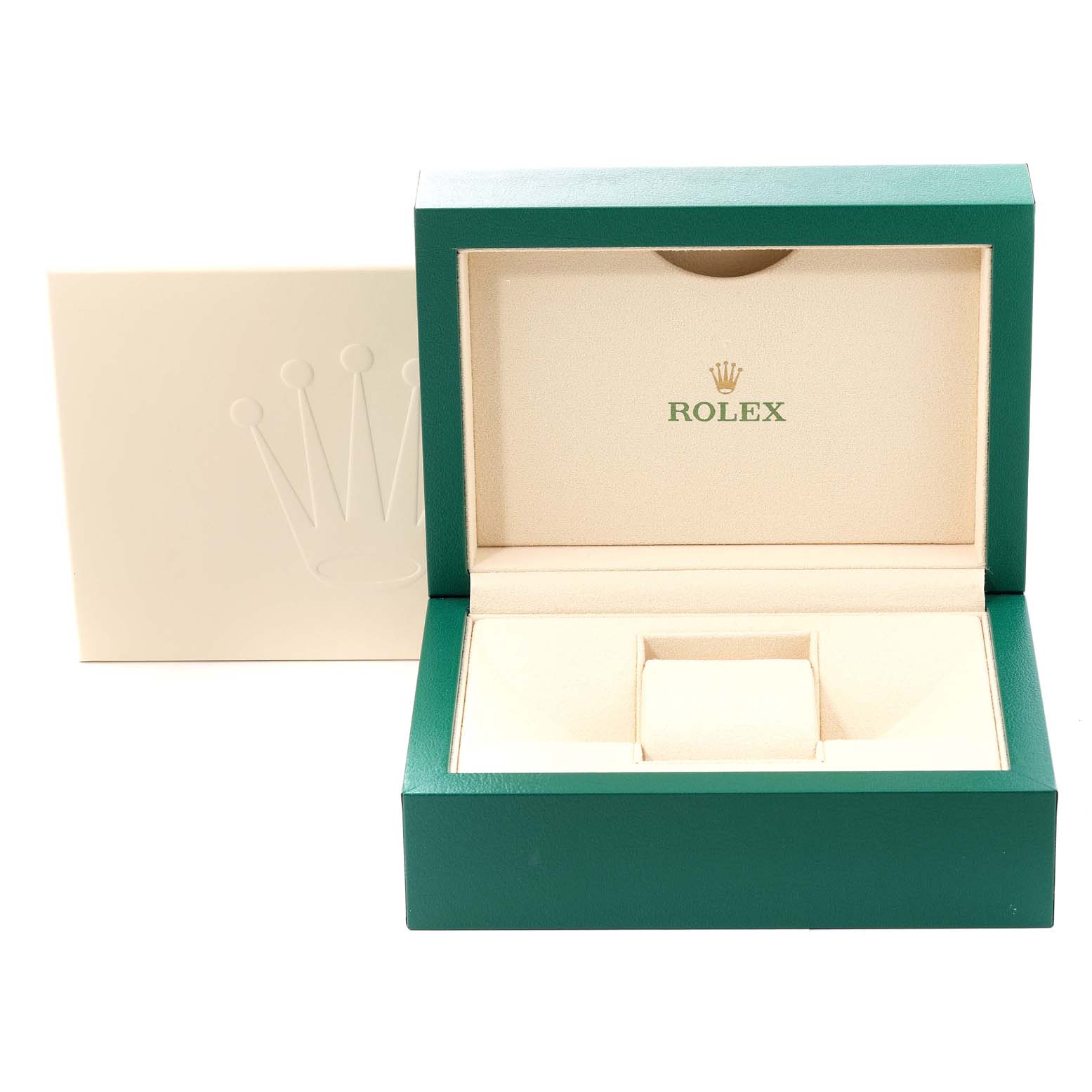 The image shows the open box and outer packaging for a Rolex Datejust 41 116300 Men's Stainless Steel Blue Dial 116300 Men's Stainless Steel Blue Dial watch, highlighting the inner cushioned compartment.