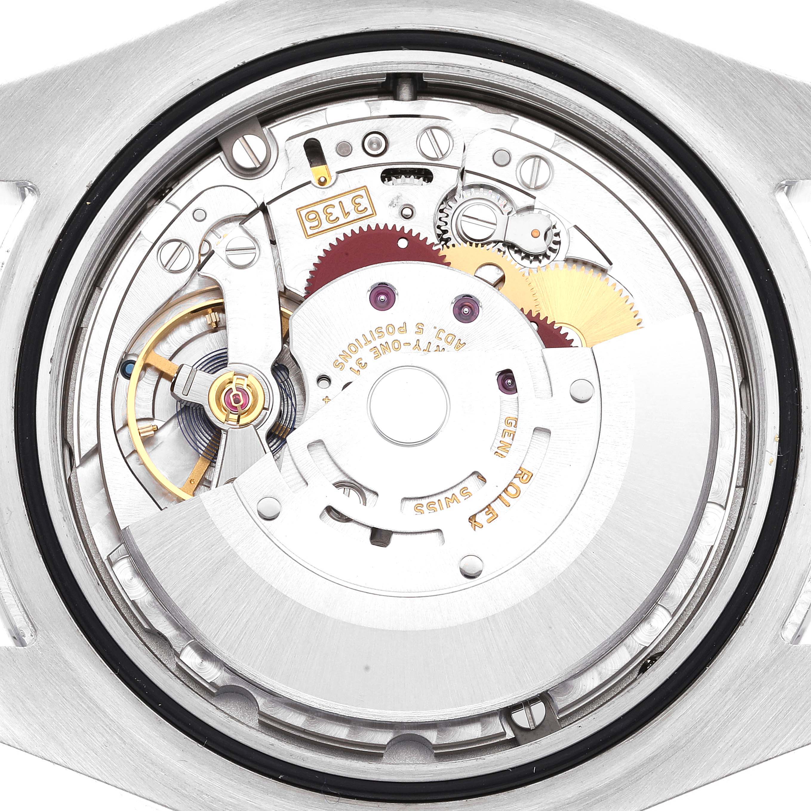 This image shows the intricate internal mechanism of the Rolex Datejust 41 116300 Men's Stainless Steel Blue Dial 116300 Men's Stainless Steel Blue Dial, highlighting its gears and rotor from a top-down view.