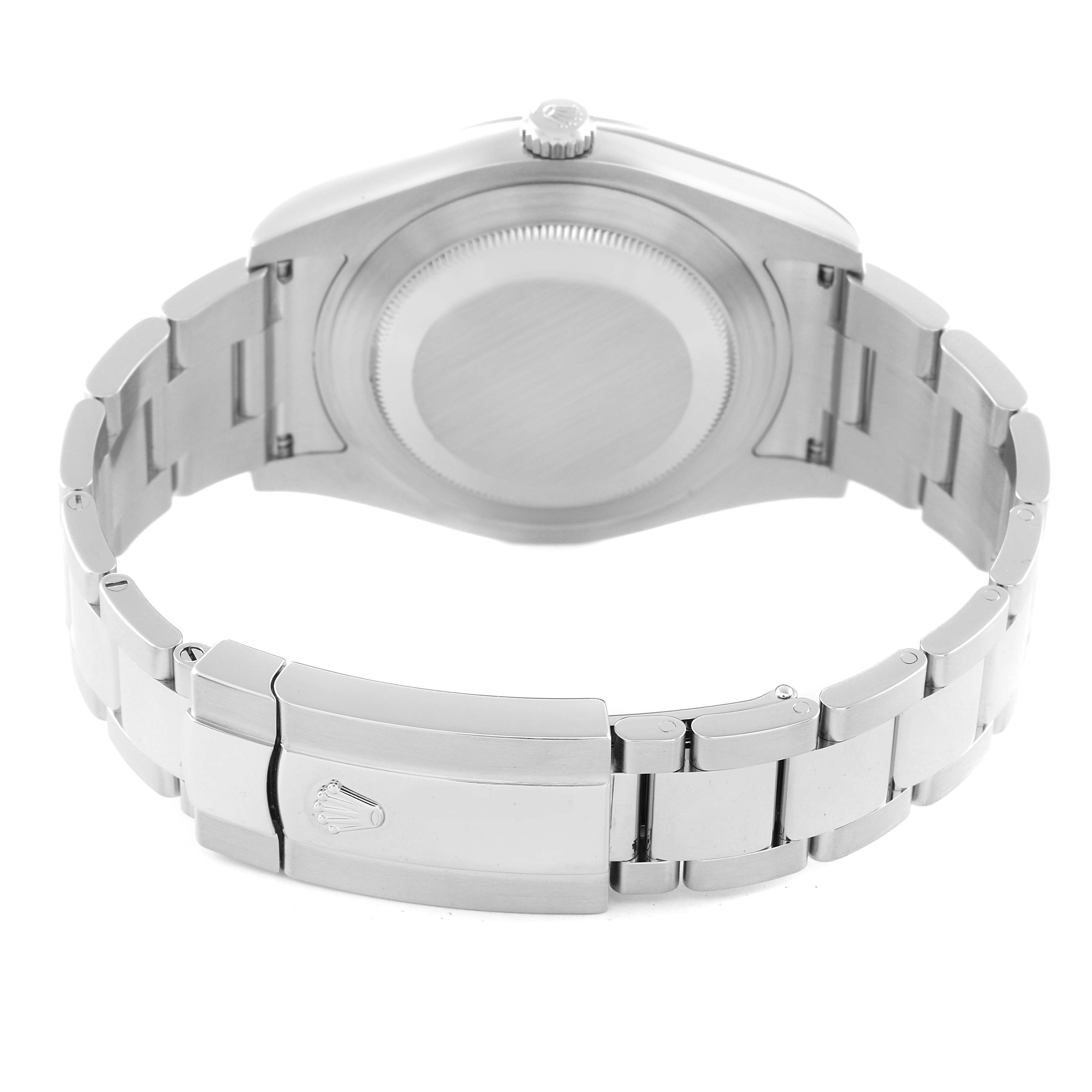 The image shows the back of the Rolex Datejust 41 116300 Men's Stainless Steel Blue Dial 116300 Men's Stainless Steel Blue Dial watch and its stainless steel bracelet with the clasp visible.