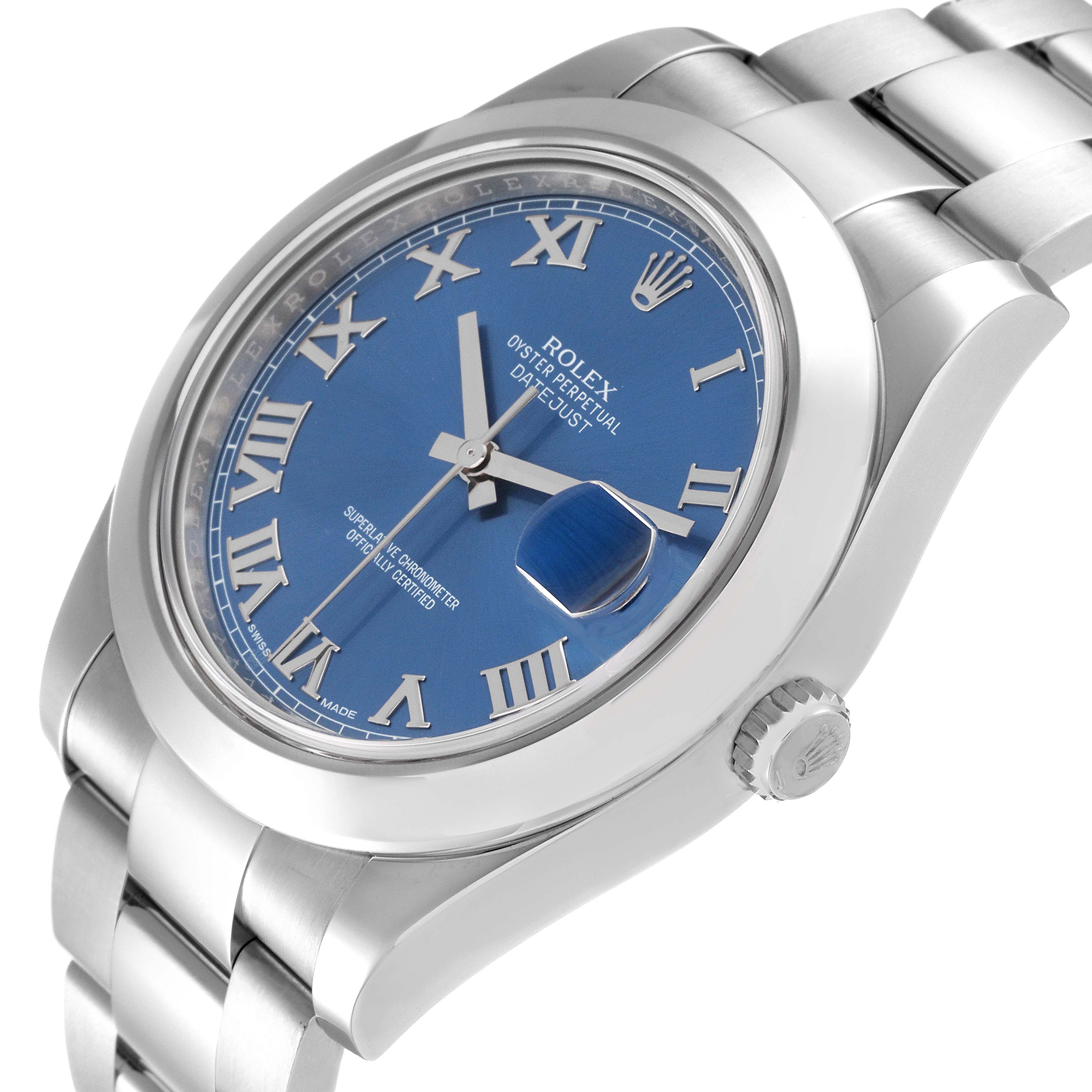 The image shows a close-up, angled view of the Rolex Datejust 41 116300 Men's Stainless Steel Blue Dial 116300 Men's Stainless Steel Blue Dial watch, highlighting its blue dial and bracelet.