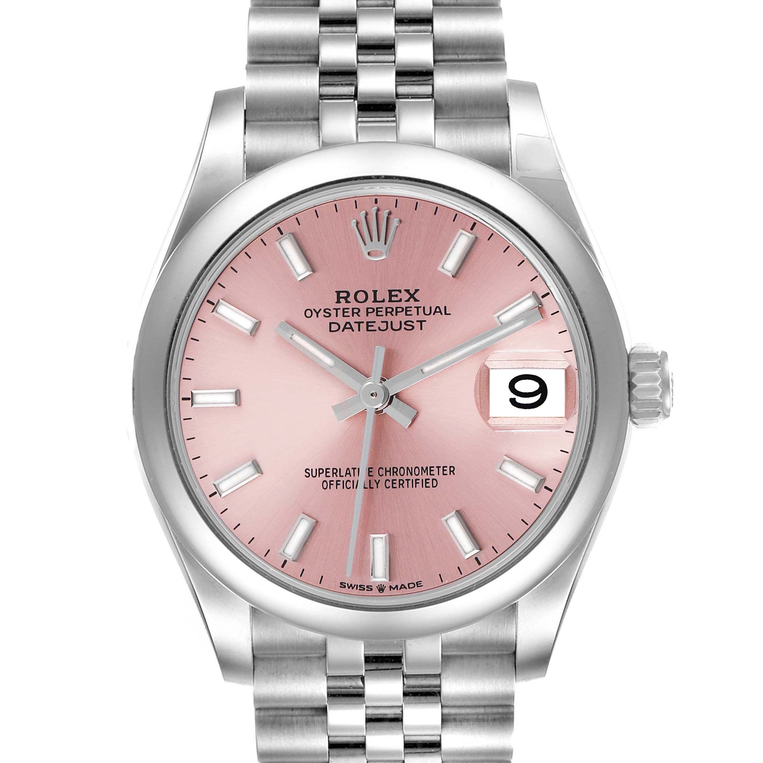 This Rolex Mid-Size 278240 Women
s Stainless Steel Pink Dial 278240 Women
s Stainless Steel Pink Dial Datejust watch is shown from the front, displaying its pink dial, date window, and stainless steel bracelet.
