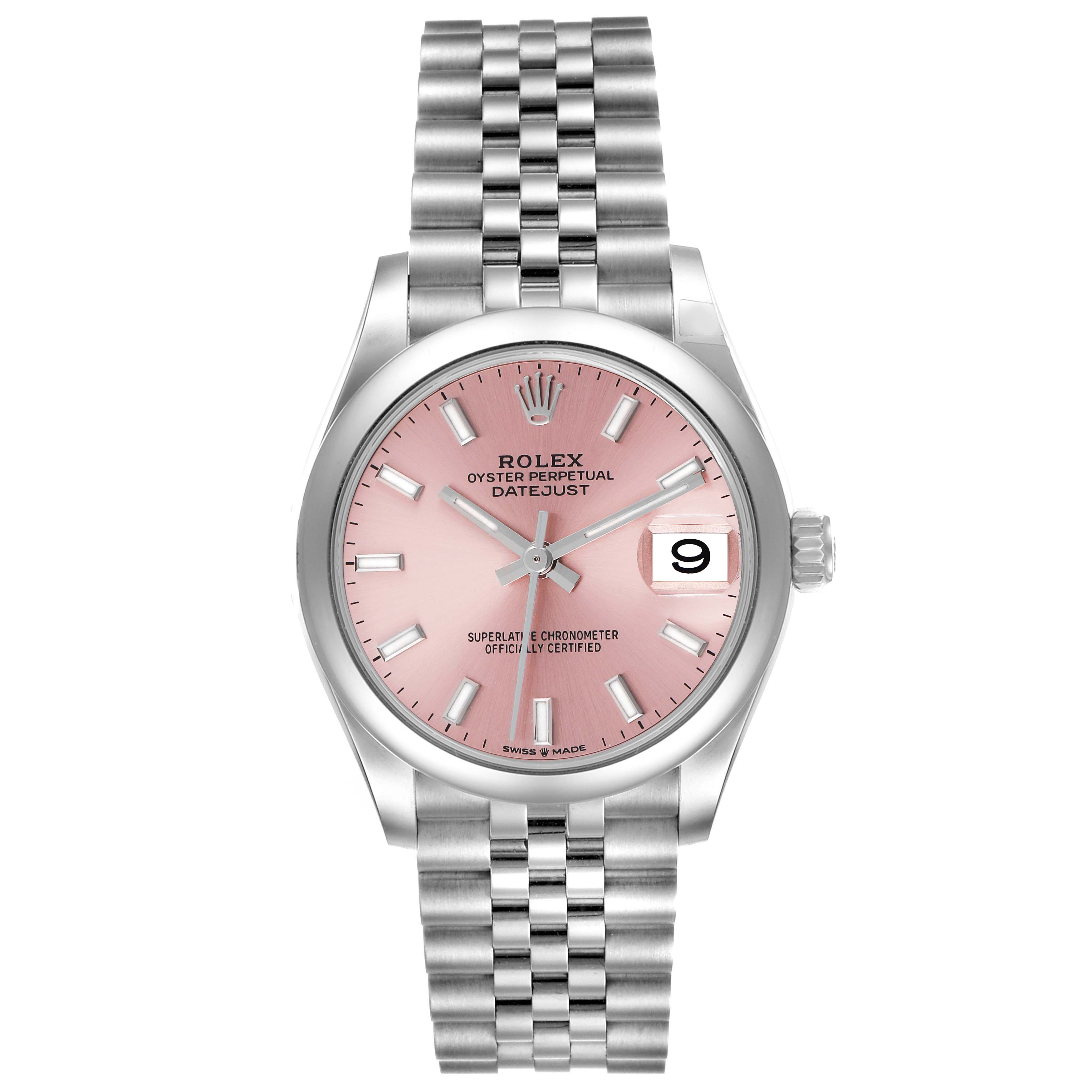 The image shows a front view of a Rolex Mid-Size 278240 Women
s Stainless Steel Pink Dial 278240 Women
s Stainless Steel Pink Dial Oyster Perpetual Datejust watch with a pink dial and silver bracelet.