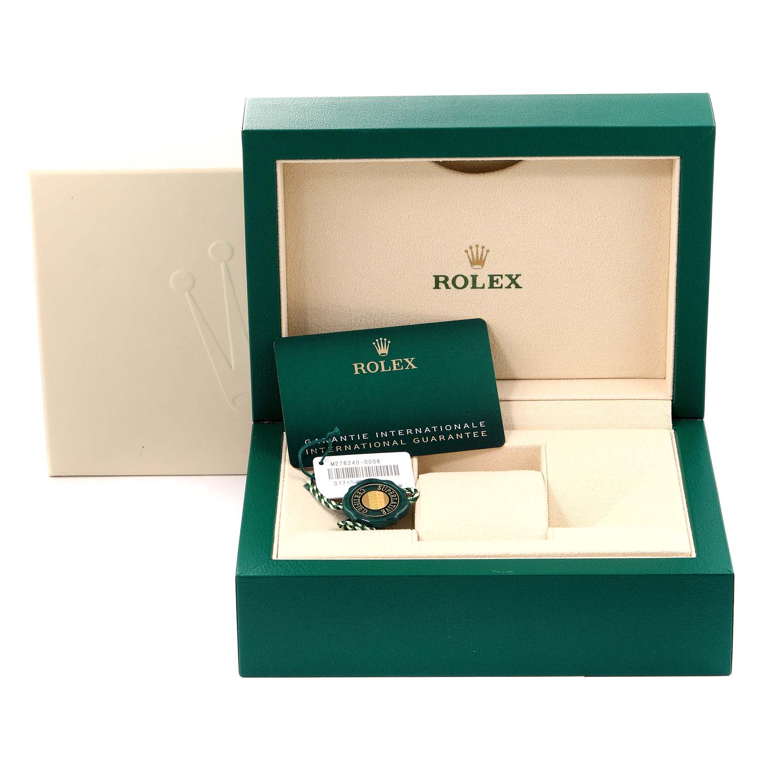 This image shows an opened green Rolex box with a warranty card and tag, but the Mid-Size Rolex watch is not visible.