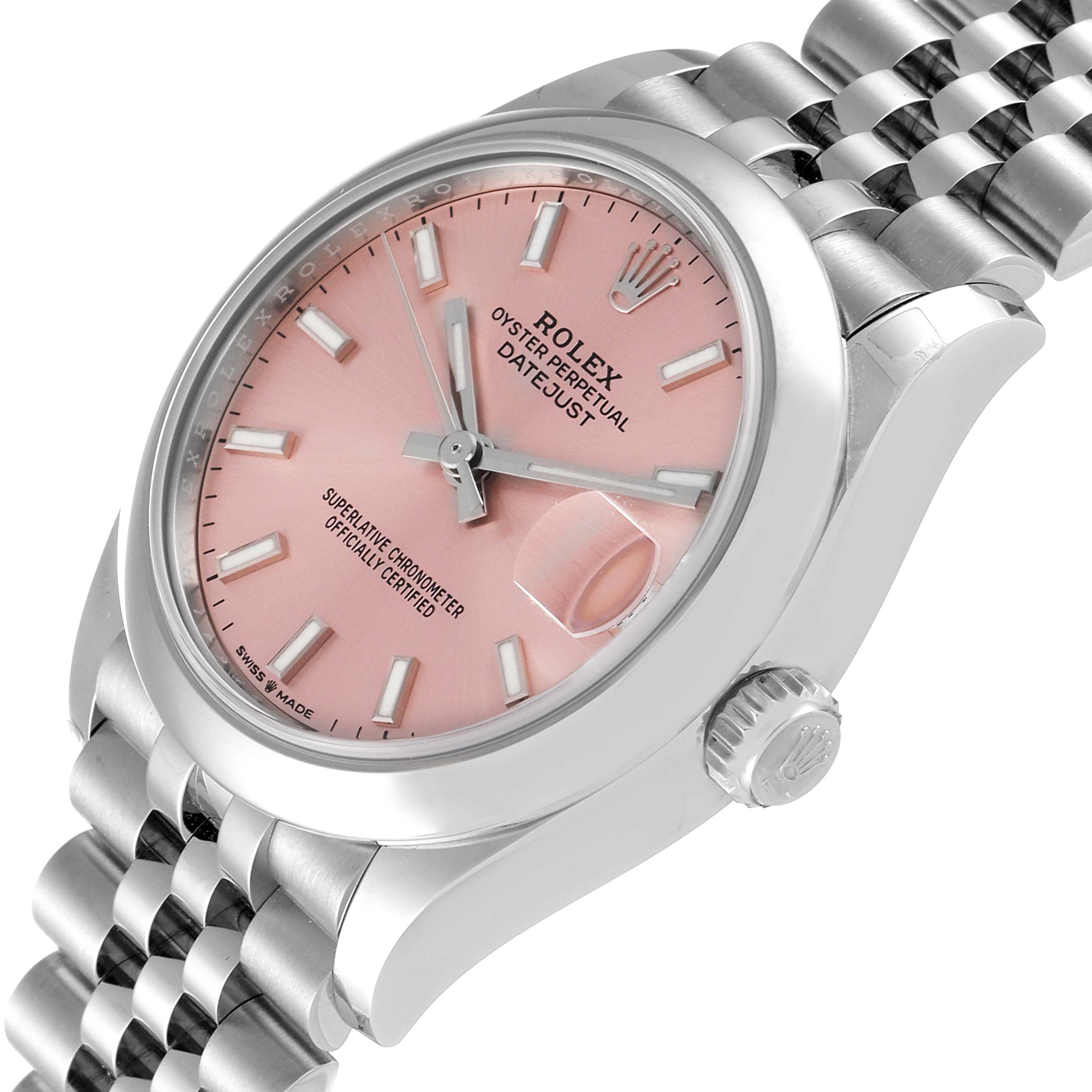 The image shows a Rolex Mid-Size 278240 Women
s Stainless Steel Pink Dial 278240 Women
s Stainless Steel Pink Dial Datejust watch at an angle highlighting the pink dial, bezel, crown, and part of the bracelet.