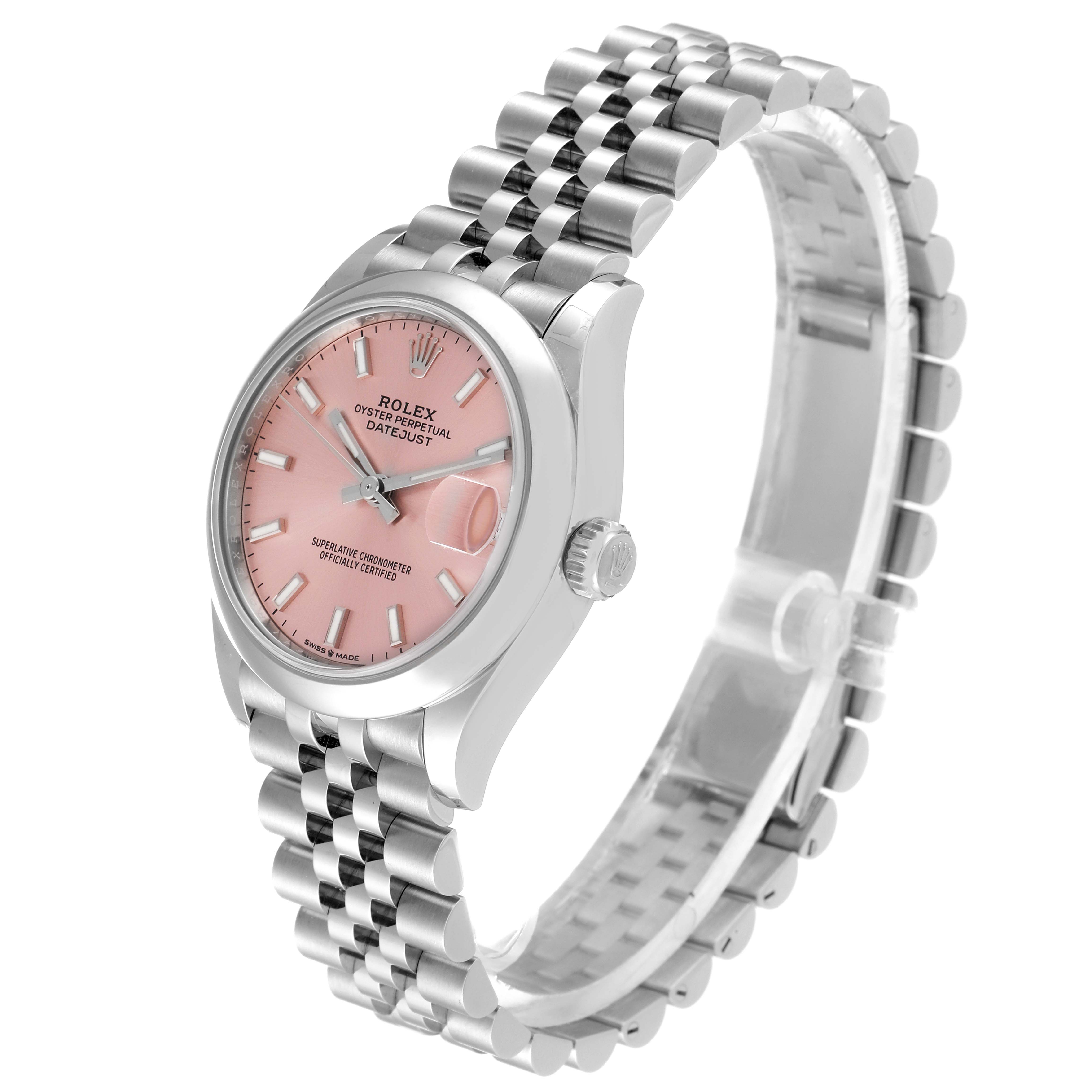 The image shows a pink-dial Rolex Datejust Mid-Size model at a 3/4 angle, highlighting the face, bezel, and bracelet.