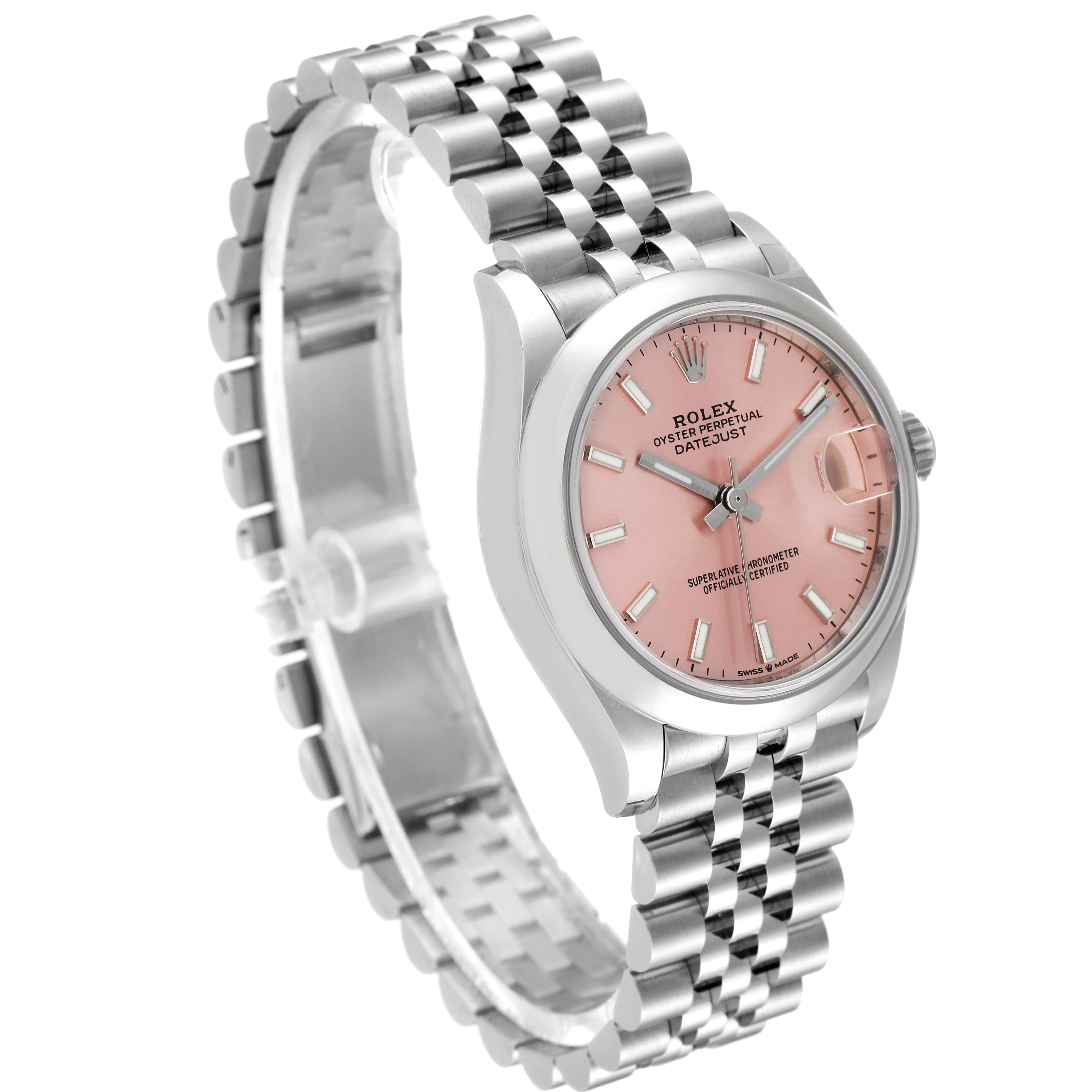 The watch shows a side-angle view of the Rolex Mid-Size 278240 Women
s Stainless Steel Pink Dial 278240 Women
s Stainless Steel Pink Dial model with a pink dial and jubilee bracelet.