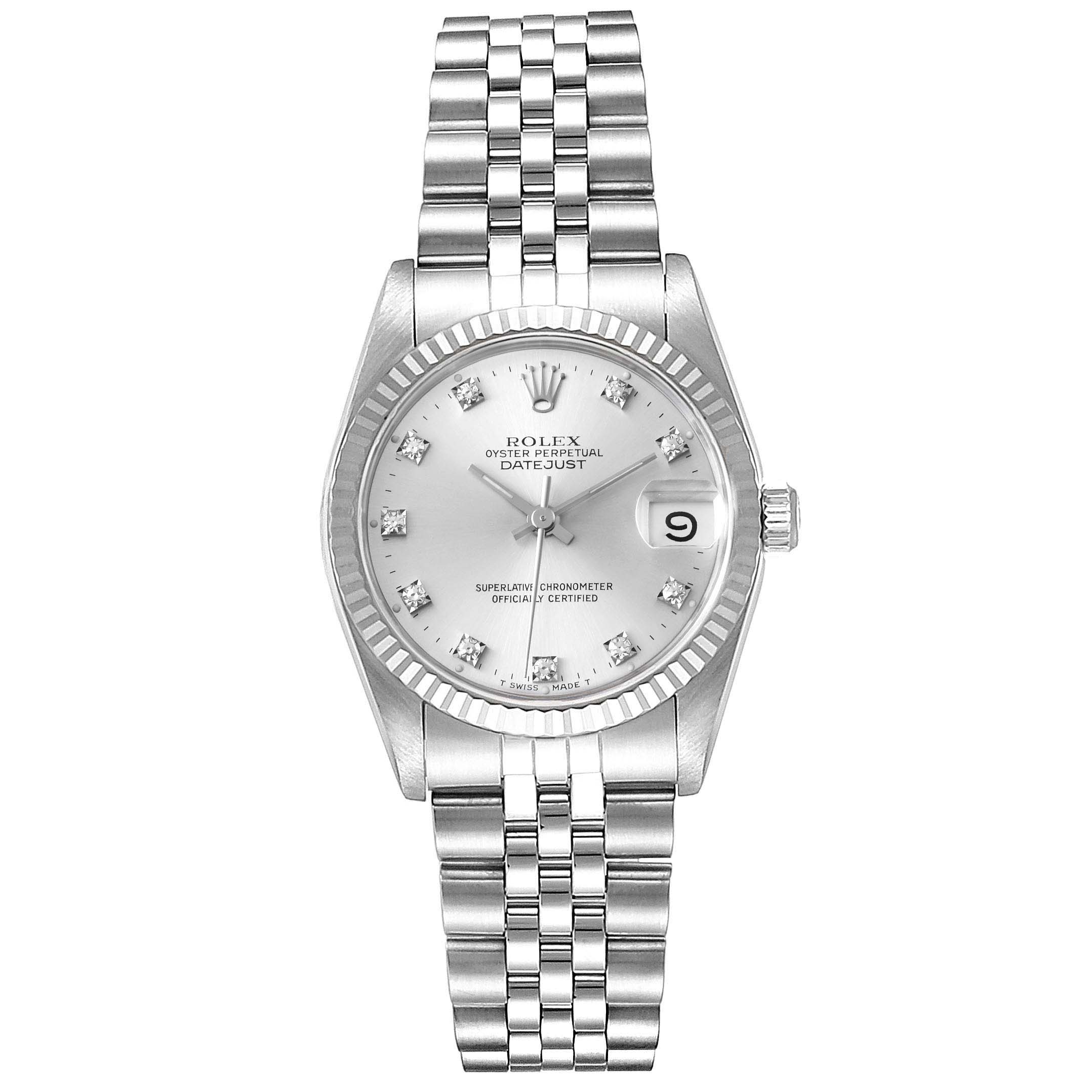 The image shows a frontal view of the Rolex Mid-Size 68274 Women
s Stainless Steel Silver Dial 68274 Women
s Stainless Steel Silver Dial Oyster Perpetual Datejust watch, displaying the dial, bezel, and bracelet.